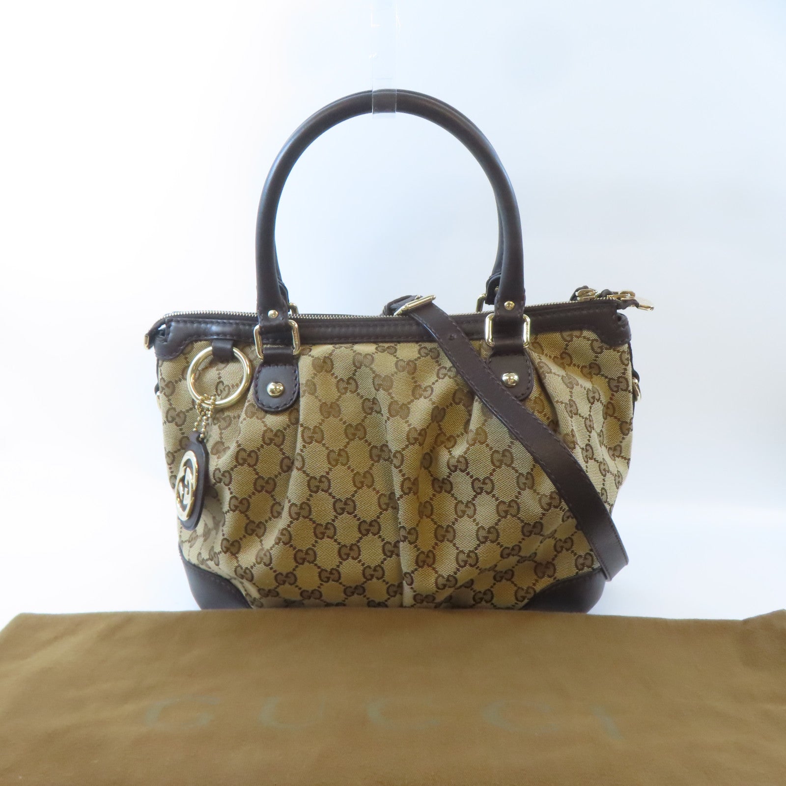 GUCCI【激減優惠】 帆布2 Way Shoulder金扣手挽肩背兩用袋棕色