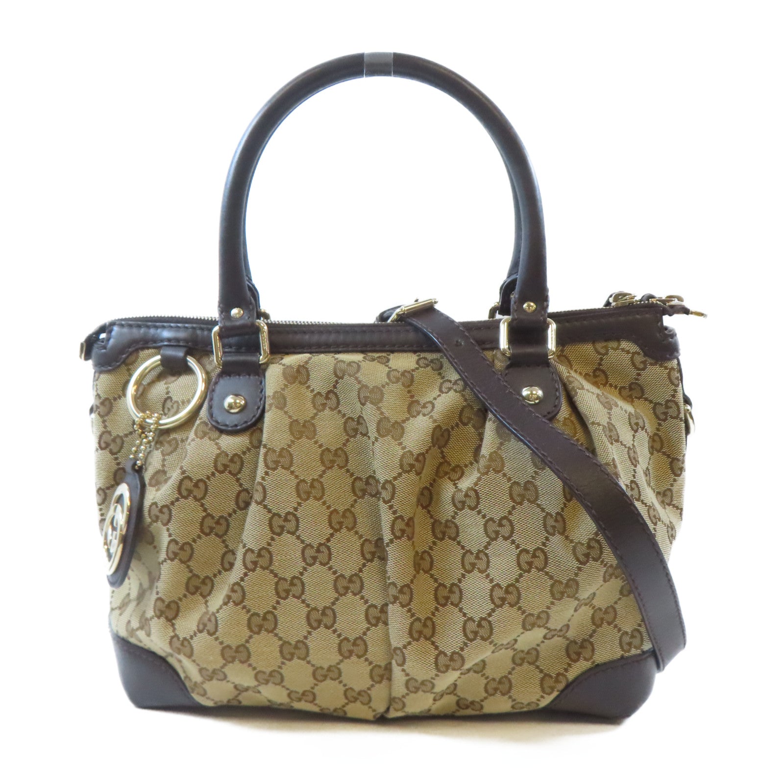 GUCCI【激減優惠】 帆布2 Way Shoulder金扣手挽肩背兩用袋棕色