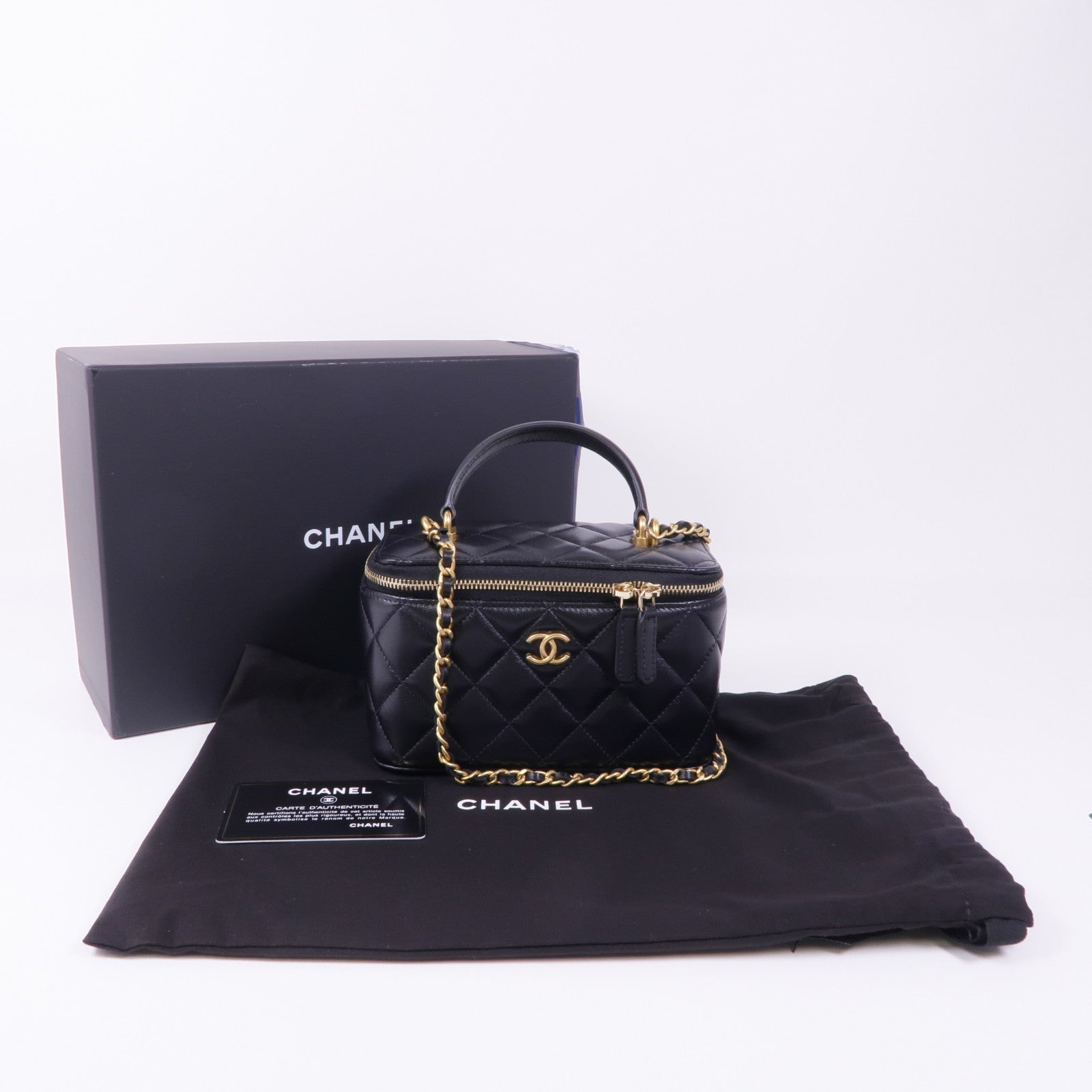 CHANEL 羊皮皮革Vanity Case金扣鏈帶手挽肩背兩用袋