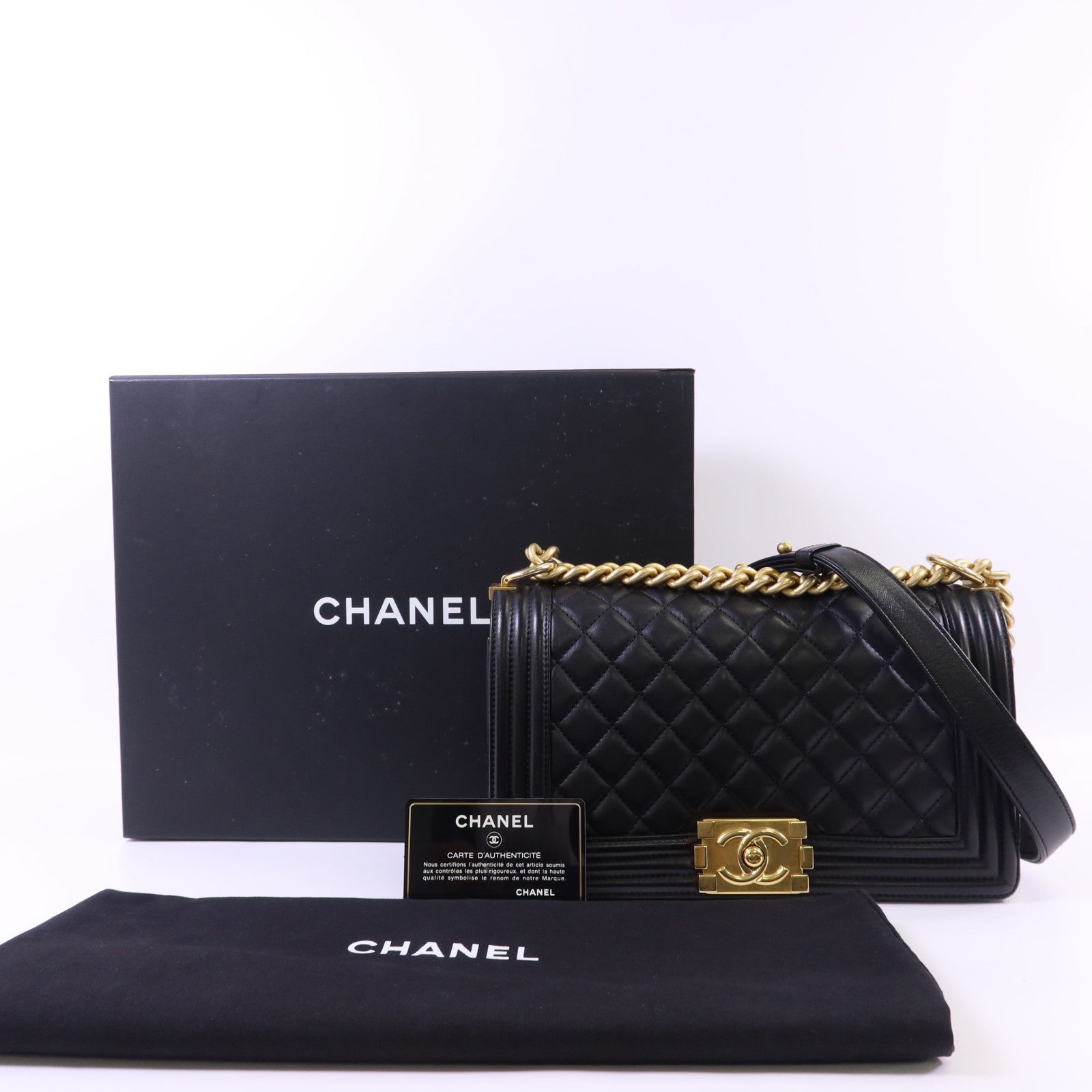 CHANEL 羊皮皮革Boy 25金扣鏈帶肩背袋