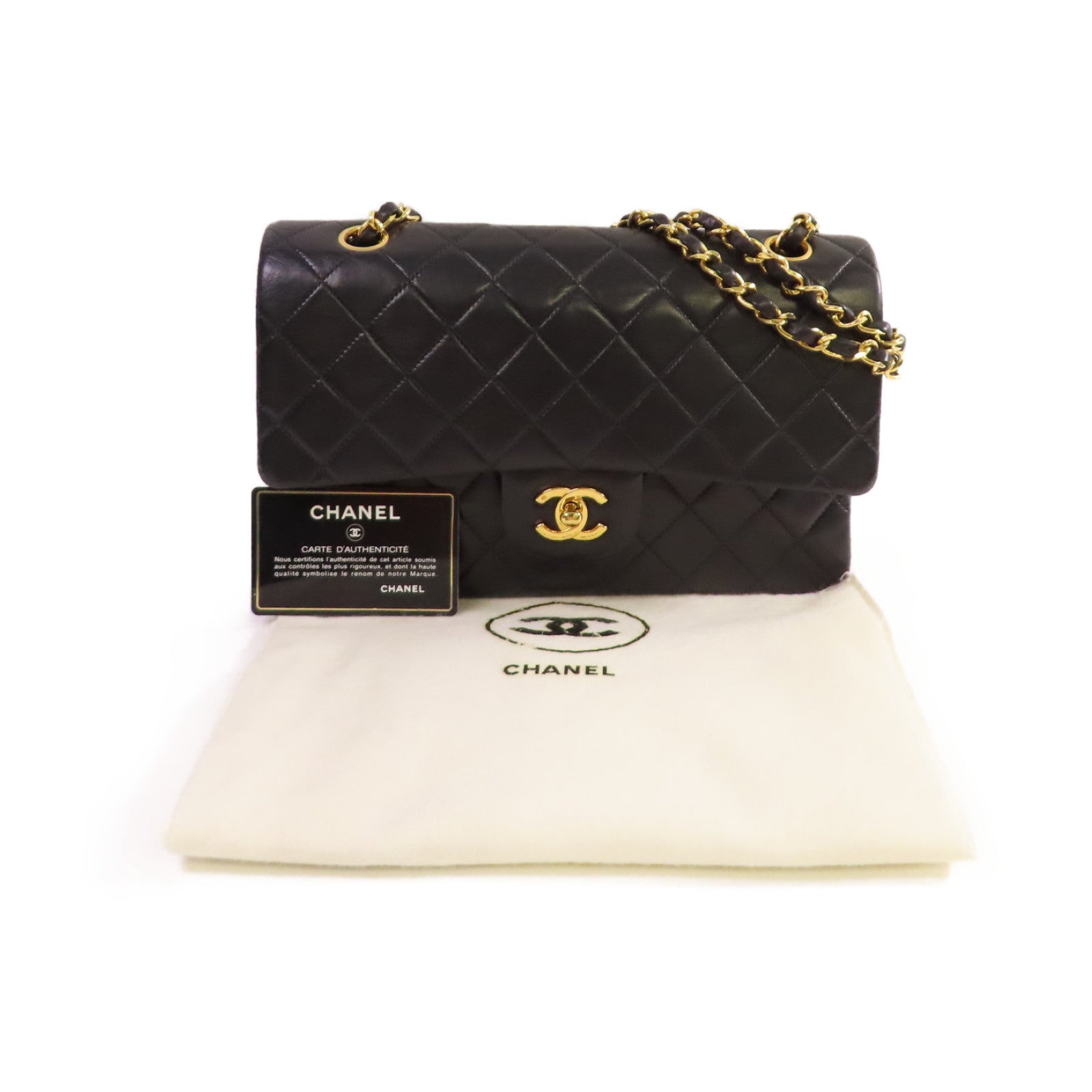 CHANEL 菱格牛皮皮革Vintage Classic Chain Shoulder Bag金扣鏈帶肩背袋黑色