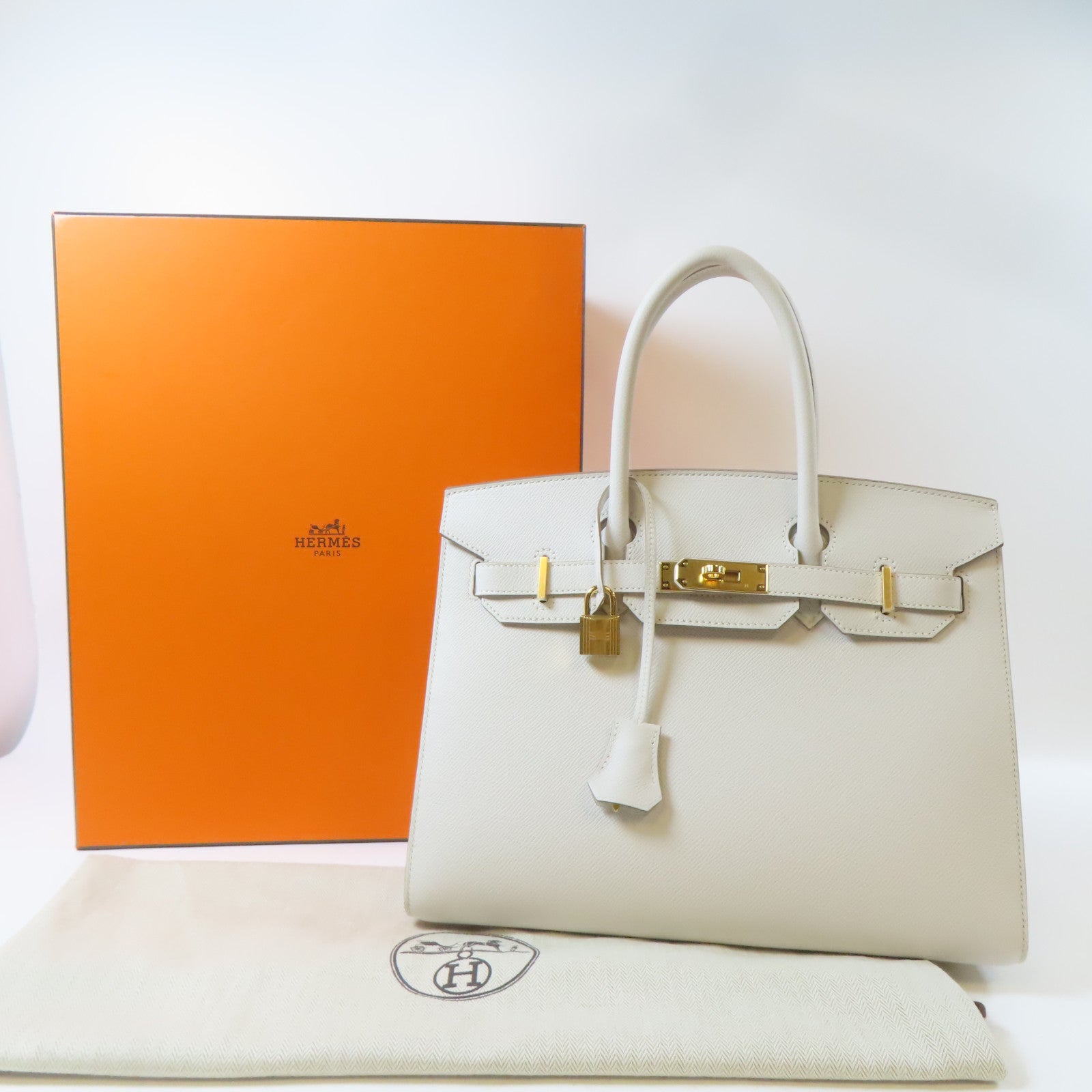 HERMES Epsom皮革Birkin 30金扣手挽袋白色