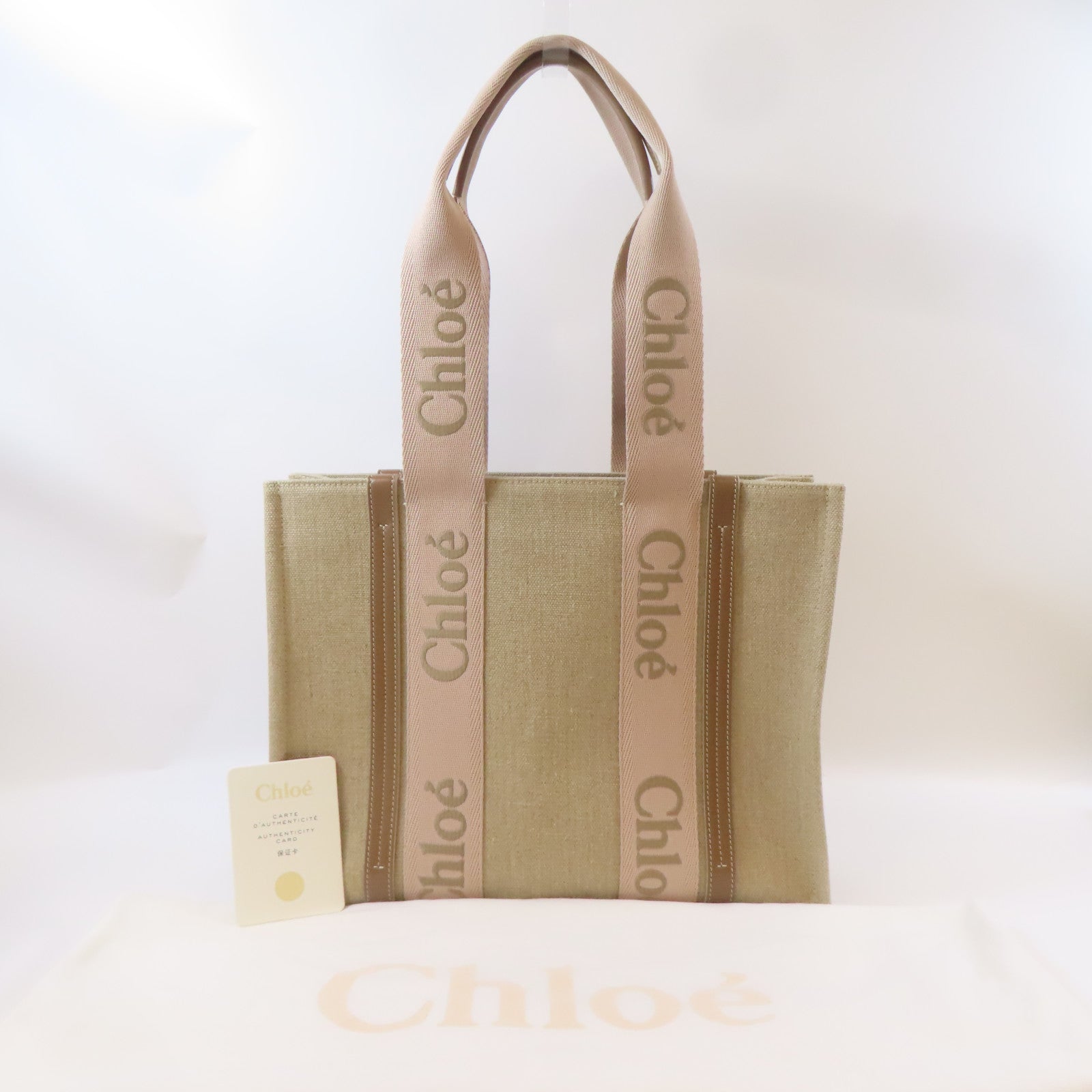 Chloe 帆布Woody Tote Bag肩背袋米色/粉紅色