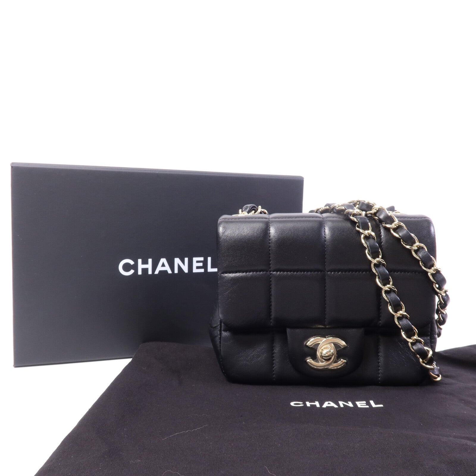 CHANEL 羊皮皮革Chocolate Bar Mini Flap金扣鏈帶肩背袋