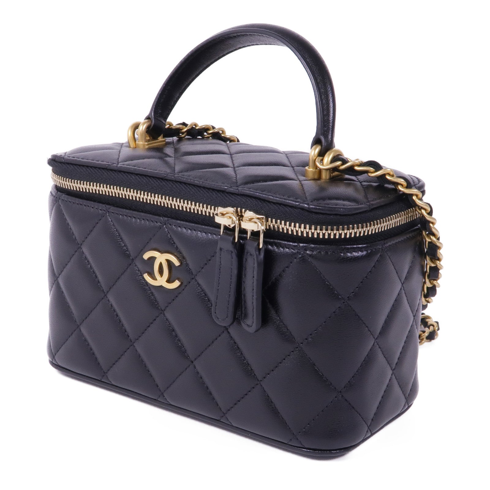 CHANEL 羊皮皮革Vanity Case金扣鏈帶手挽肩背兩用袋