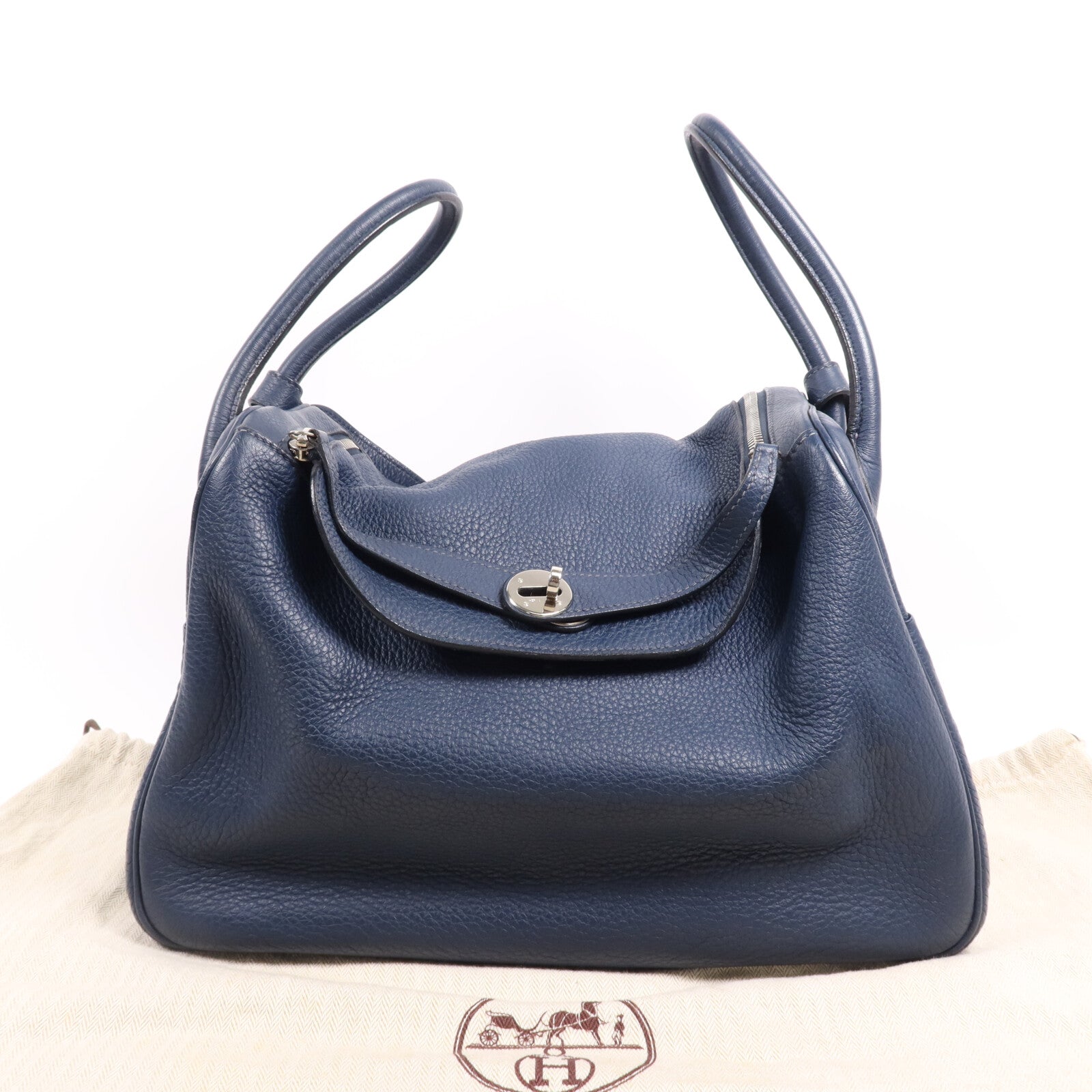 HERMES Clemence皮革Lindy 34銀扣手挽肩背兩用袋Navy