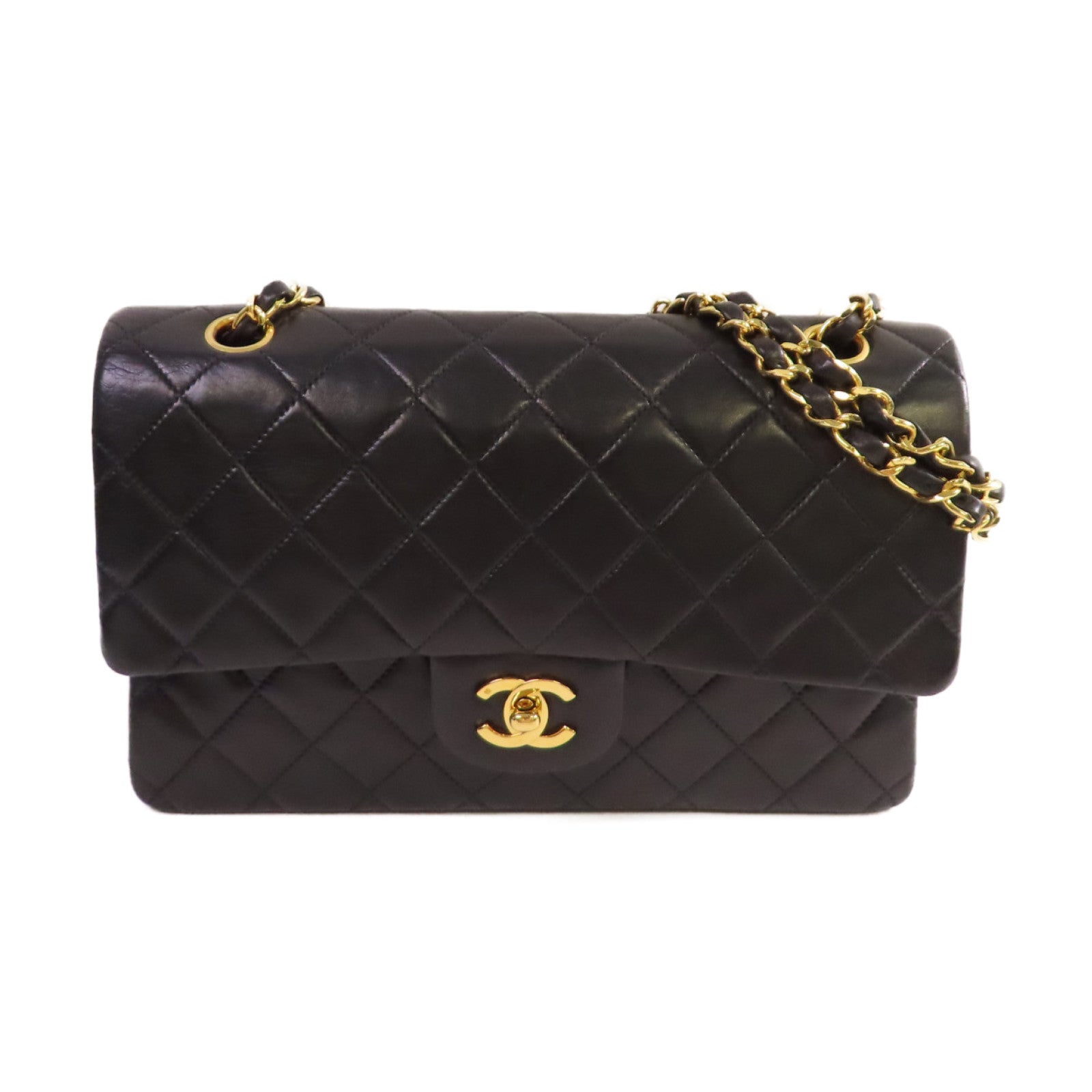 CHANEL 菱格牛皮皮革Vintage Classic Chain Shoulder Bag金扣鏈帶肩背袋黑色