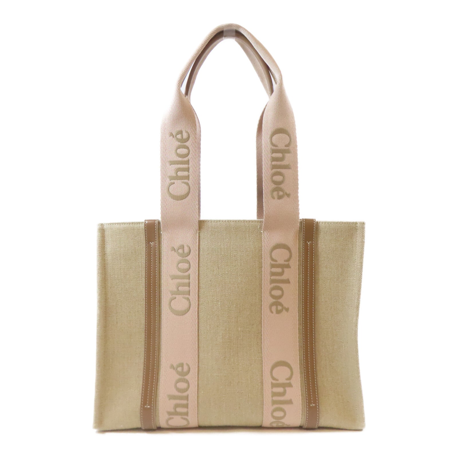 Chloe 帆布Woody Tote Bag肩背袋米色/粉紅色