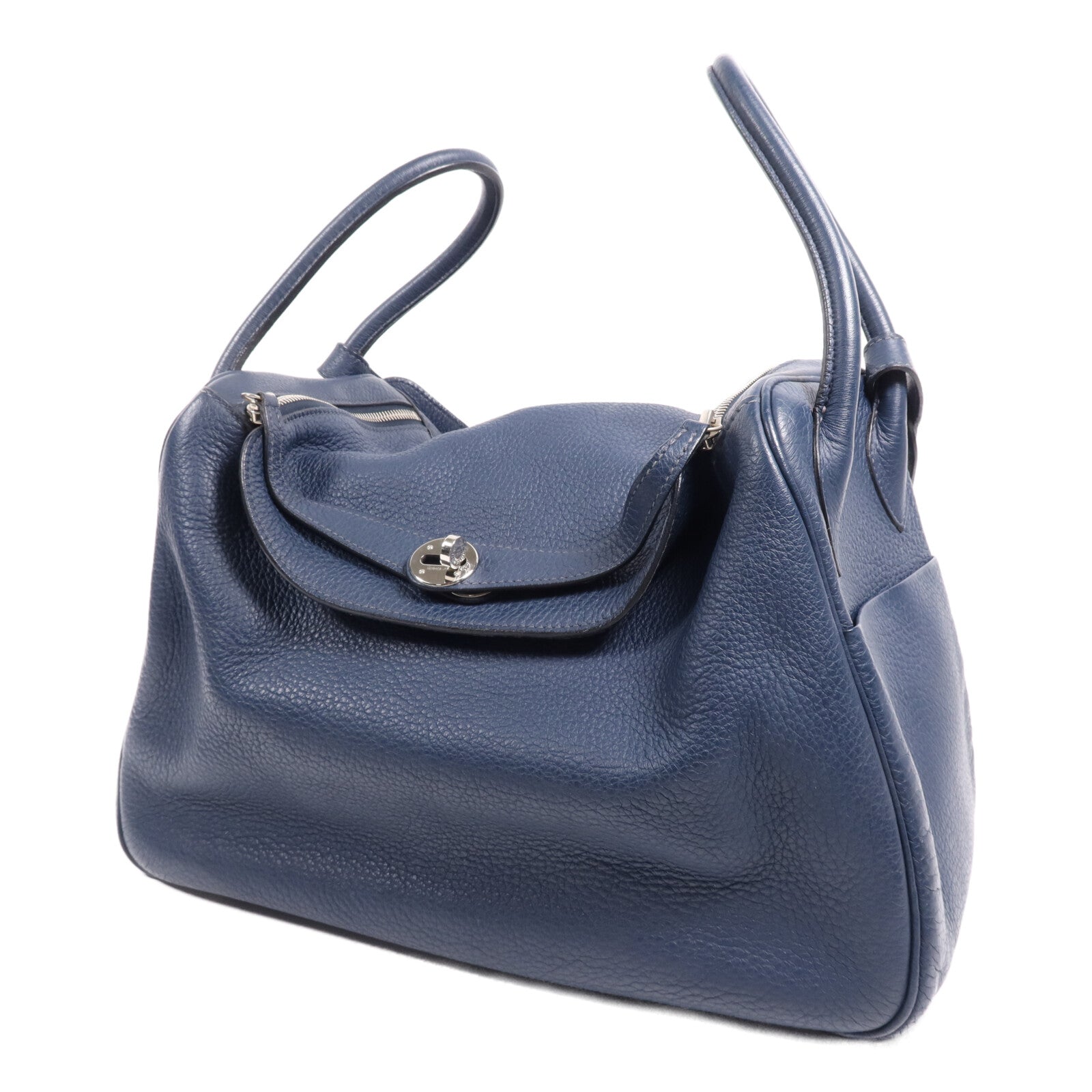 HERMES Clemence皮革Lindy 34銀扣手挽肩背兩用袋Navy