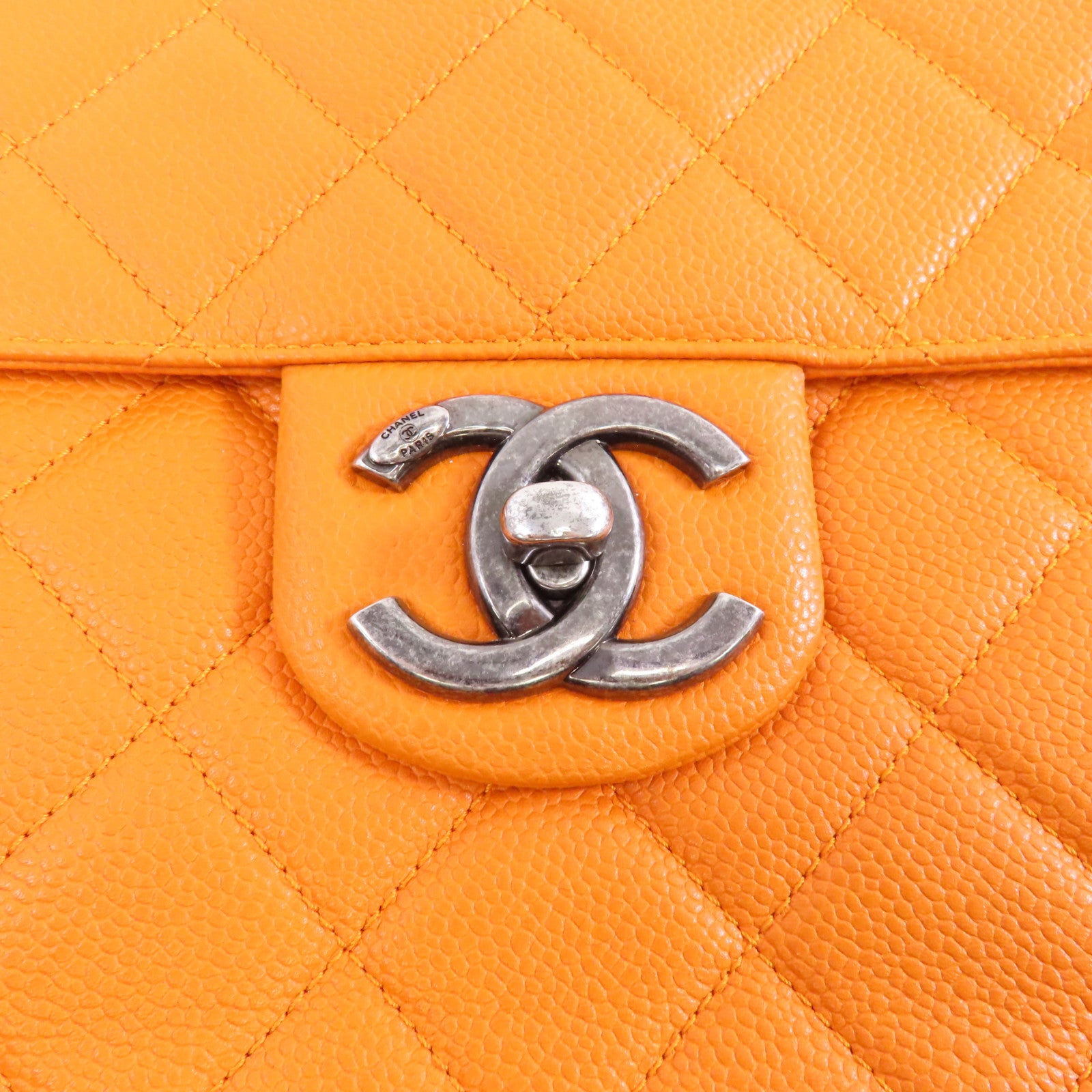CHANEL 菱格Caviar皮革Chain Shoulder銀扣鏈帶手挽肩背兩用袋橙色