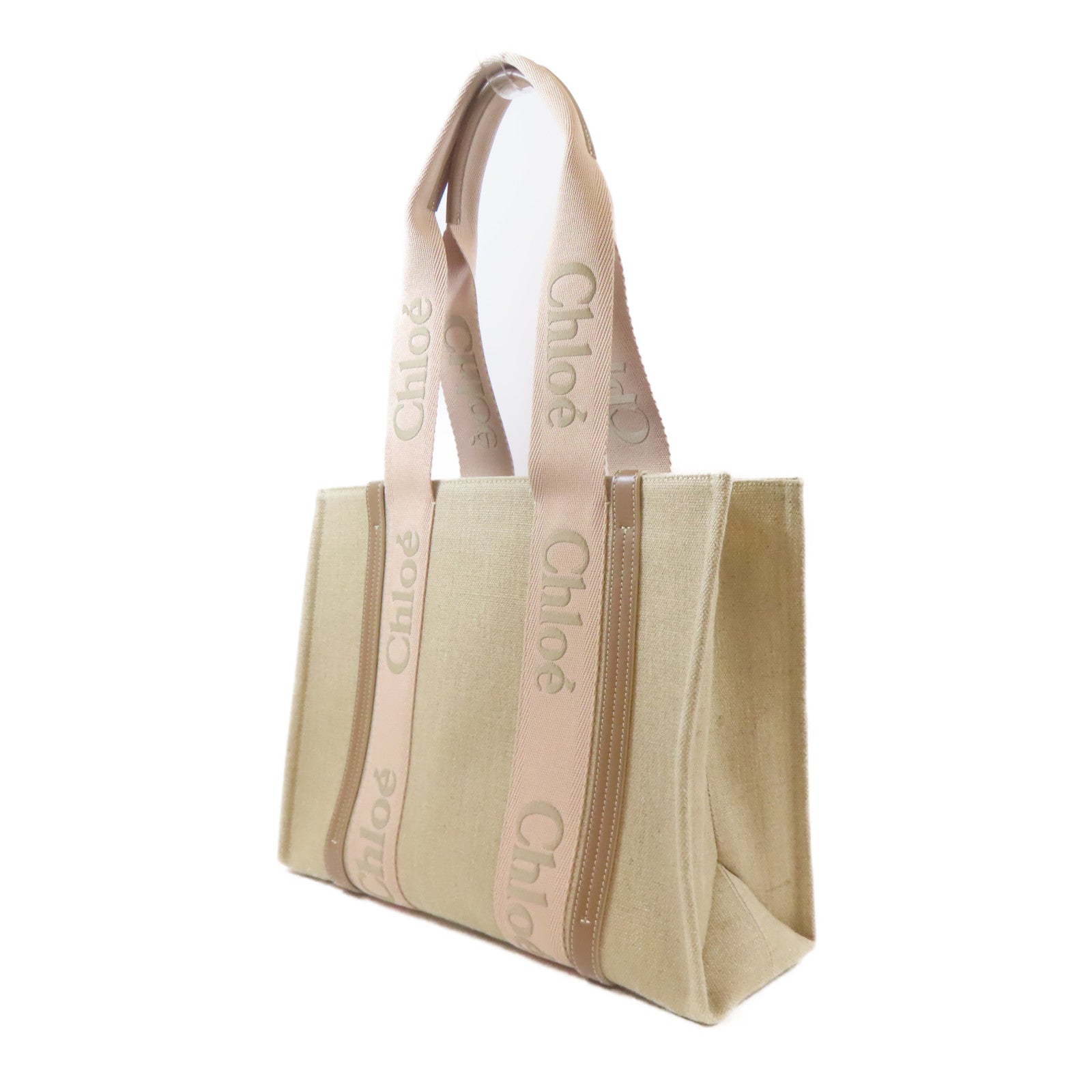 Chloe 帆布Woody Tote Bag肩背袋米色/粉紅色