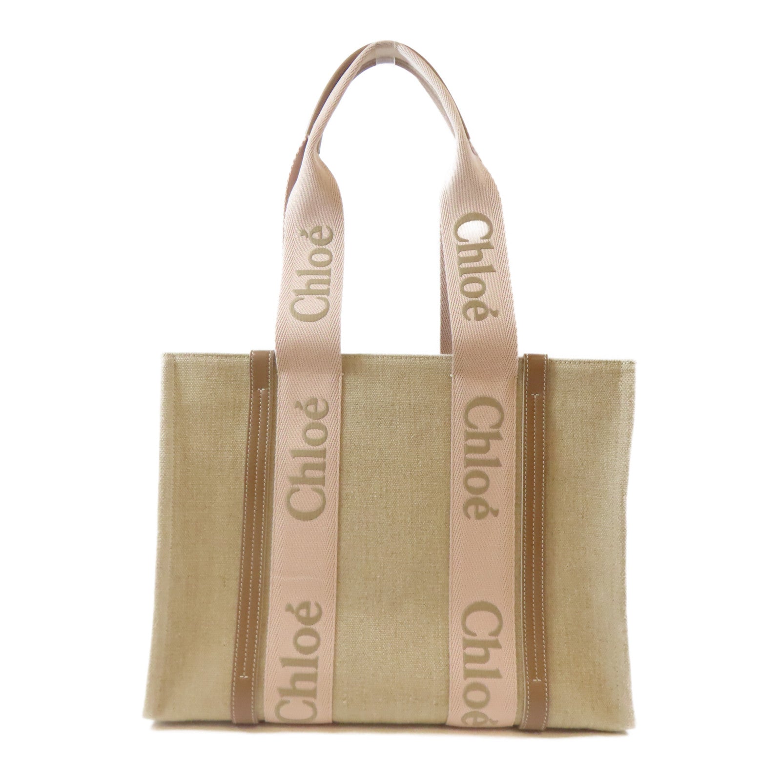Chloe 帆布Woody Tote Bag肩背袋米色/粉紅色