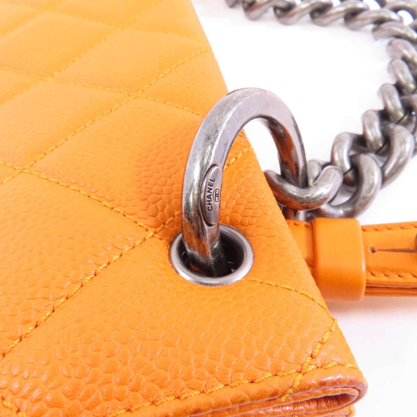 CHANEL 菱格Caviar皮革Chain Shoulder銀扣鏈帶手挽肩背兩用袋橙色