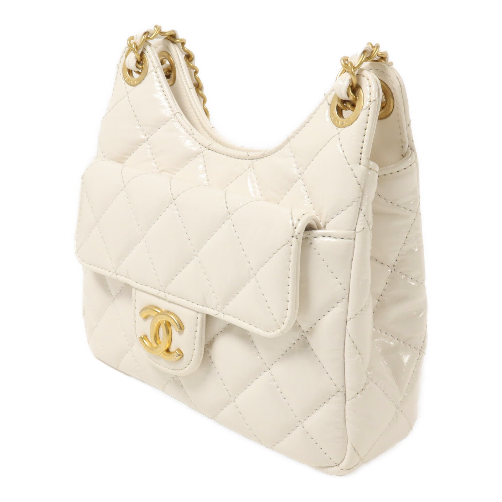 CHANEL 牛皮皮革Wavy CC Hobo鏈帶肩背袋