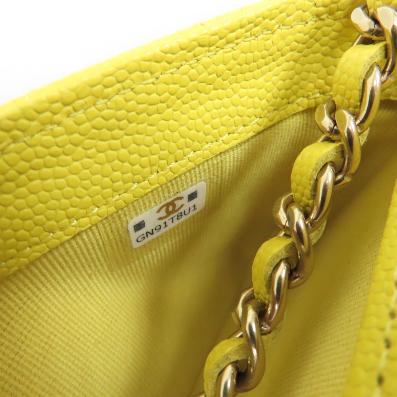 CHANEL 【激減優惠】菱格Caviar皮革Chain Shoulder Bag金扣鏈帶肩背袋黃色