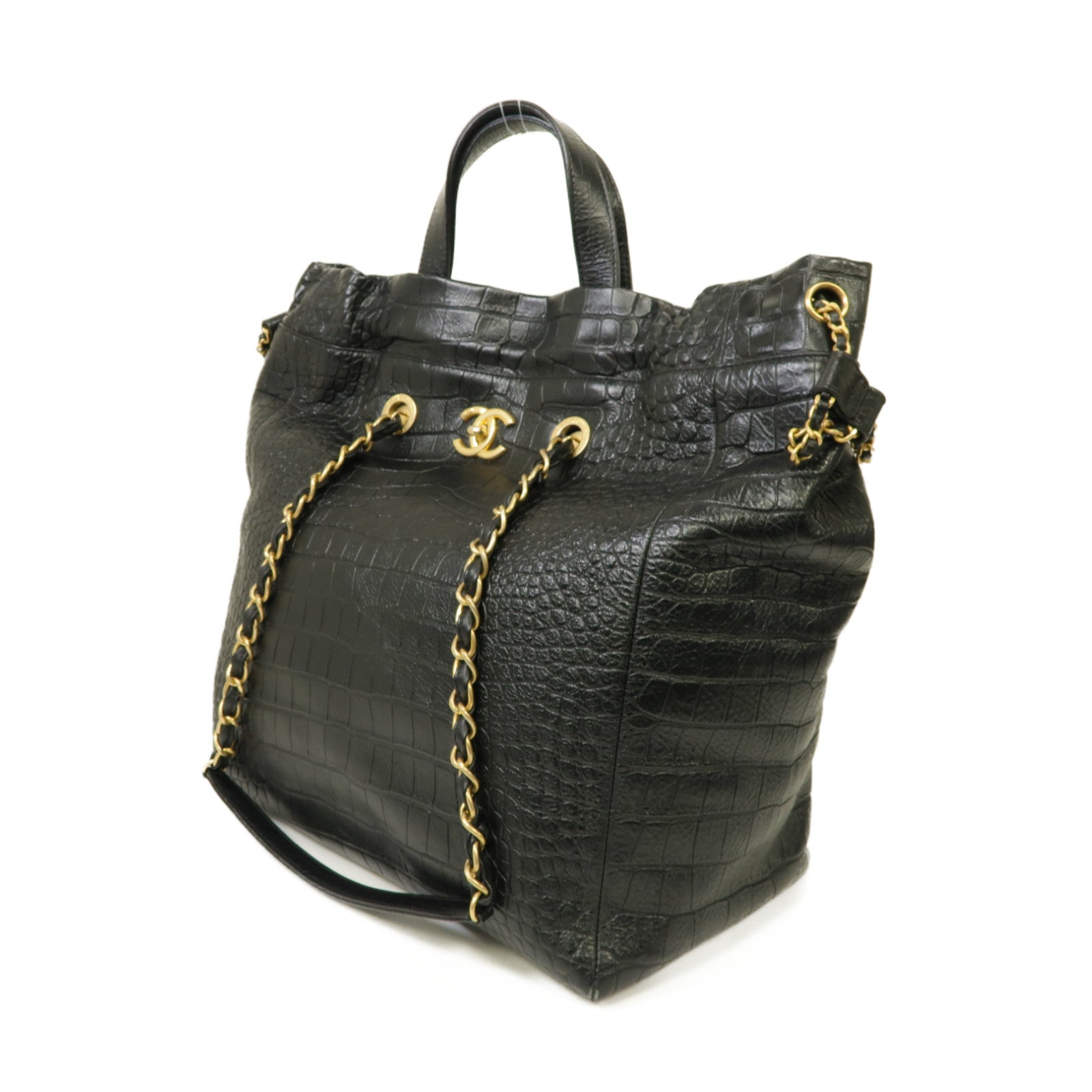 CHANEL 【激減優惠】牛皮皮革Chain Shoulder Shopping Bag金扣手挽肩背兩用袋黑色