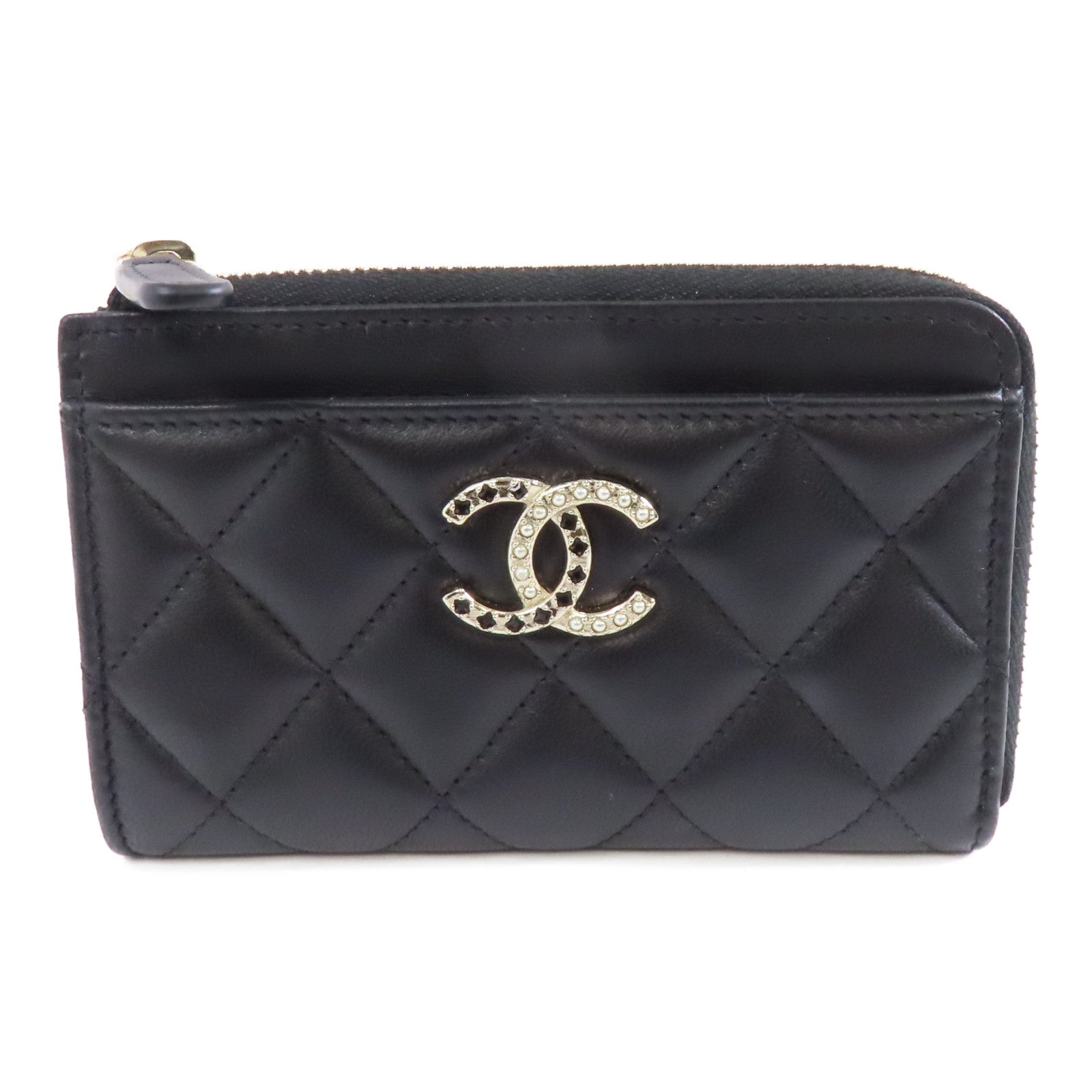 CHANEL 菱格羊皮皮革Card Case金扣卡片套黑色