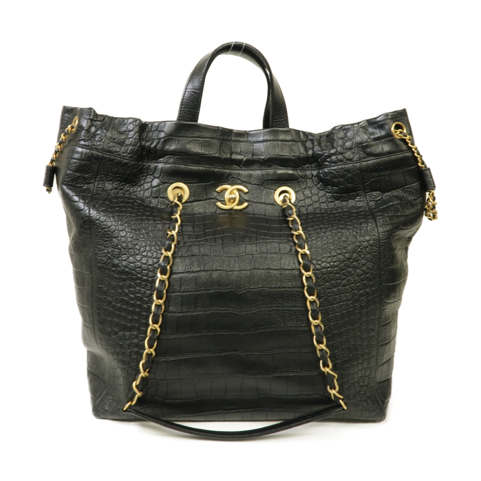CHANEL 【激減優惠】牛皮皮革Chain Shoulder Shopping Bag金扣手挽肩背兩用袋黑色