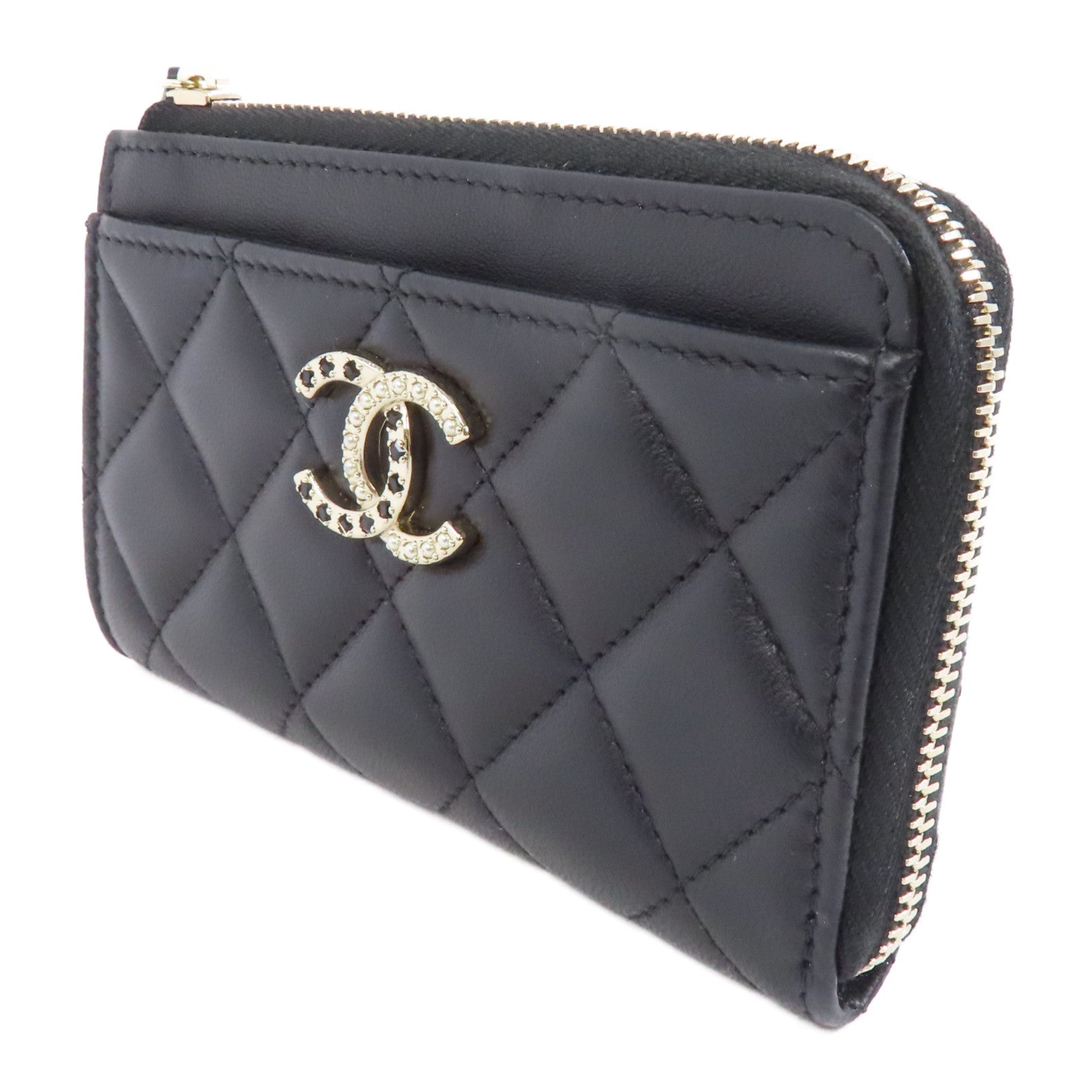 CHANEL 菱格羊皮皮革Card Case金扣卡片套黑色