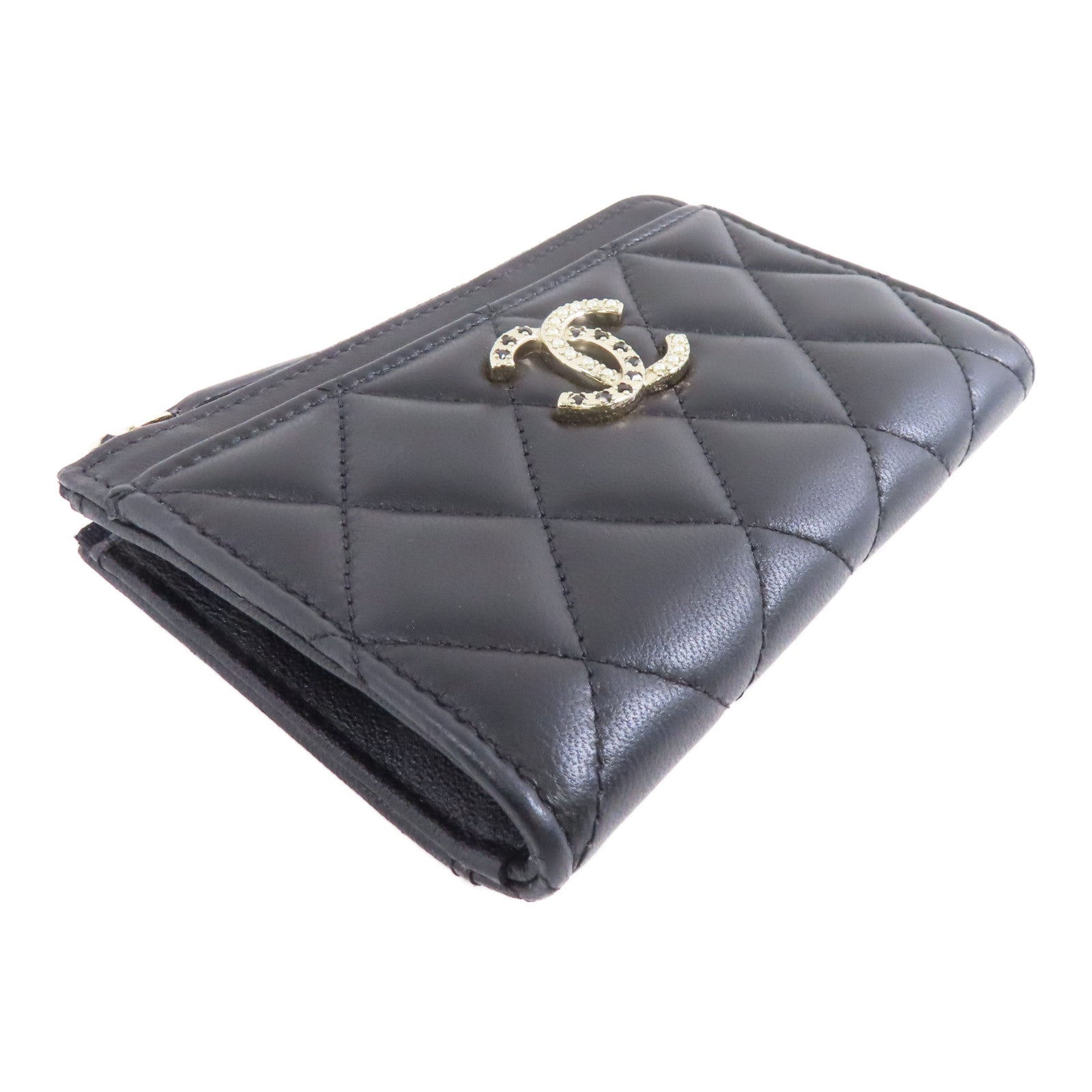 CHANEL 菱格羊皮皮革Card Case金扣卡片套黑色