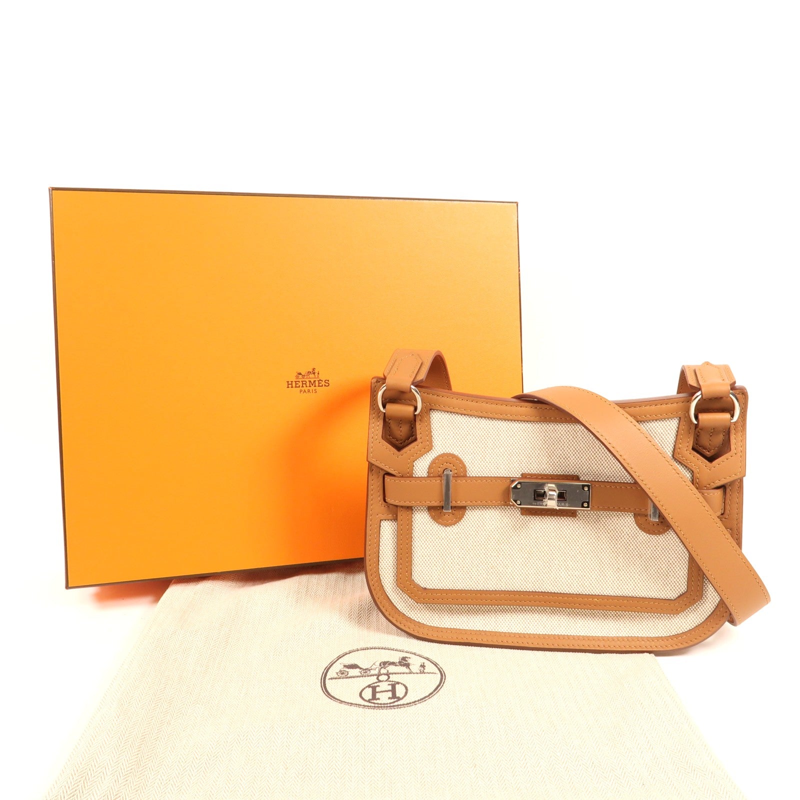 HERMES 帆布Jypsiere Mini銀扣肩背袋Gold