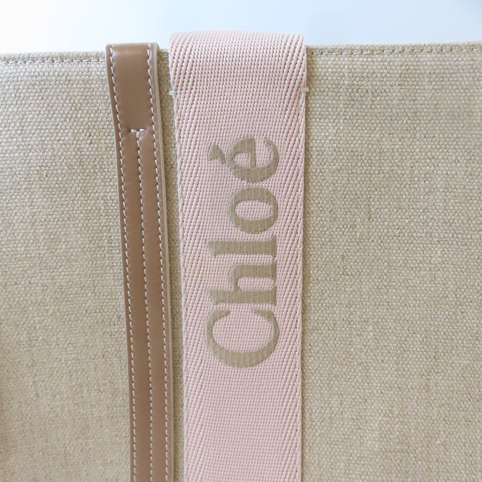 Chloe 帆布Woody Tote Bag肩背袋米色/粉紅色