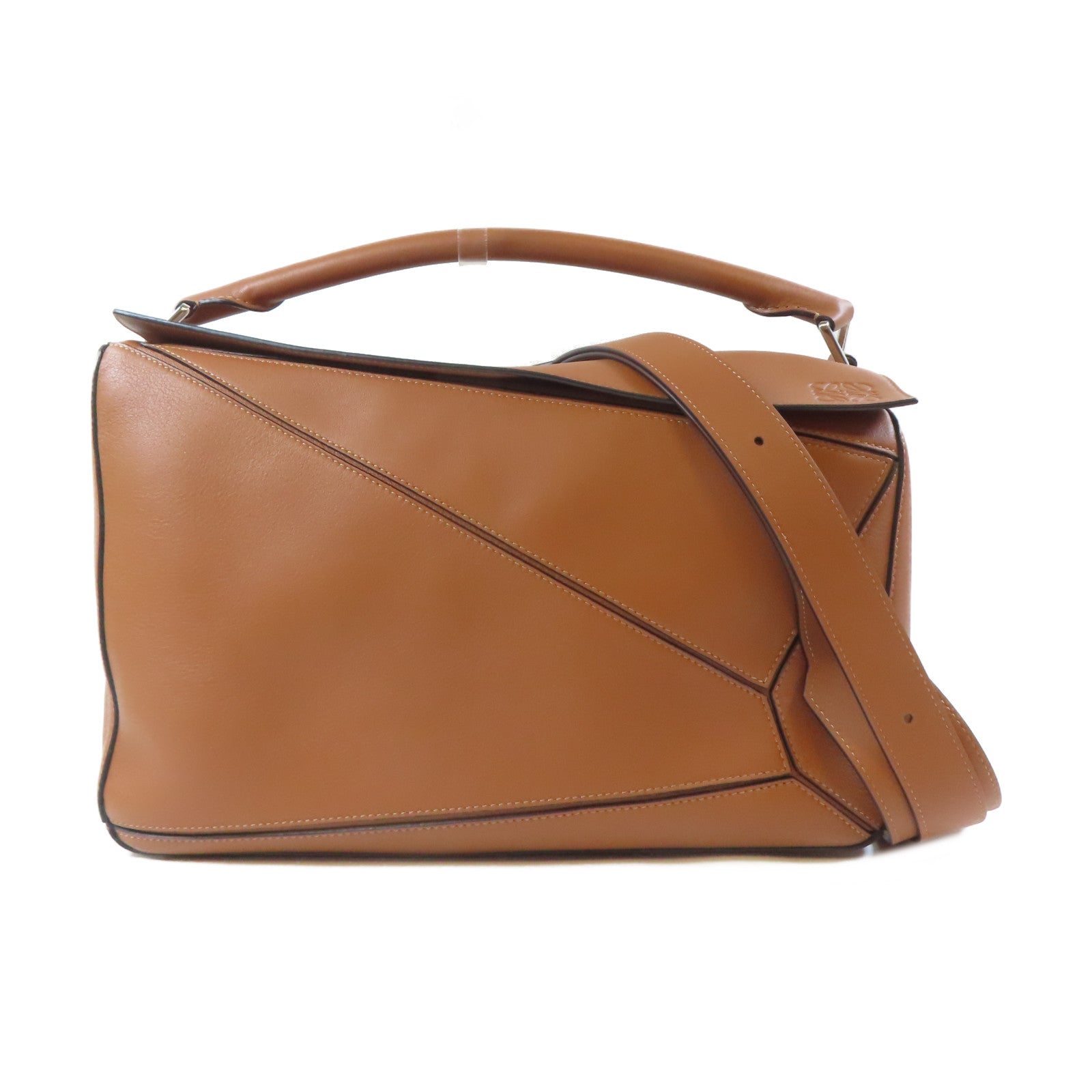 LOEWE 牛皮皮革Puzzle Large銀扣手挽肩背兩用袋啡色