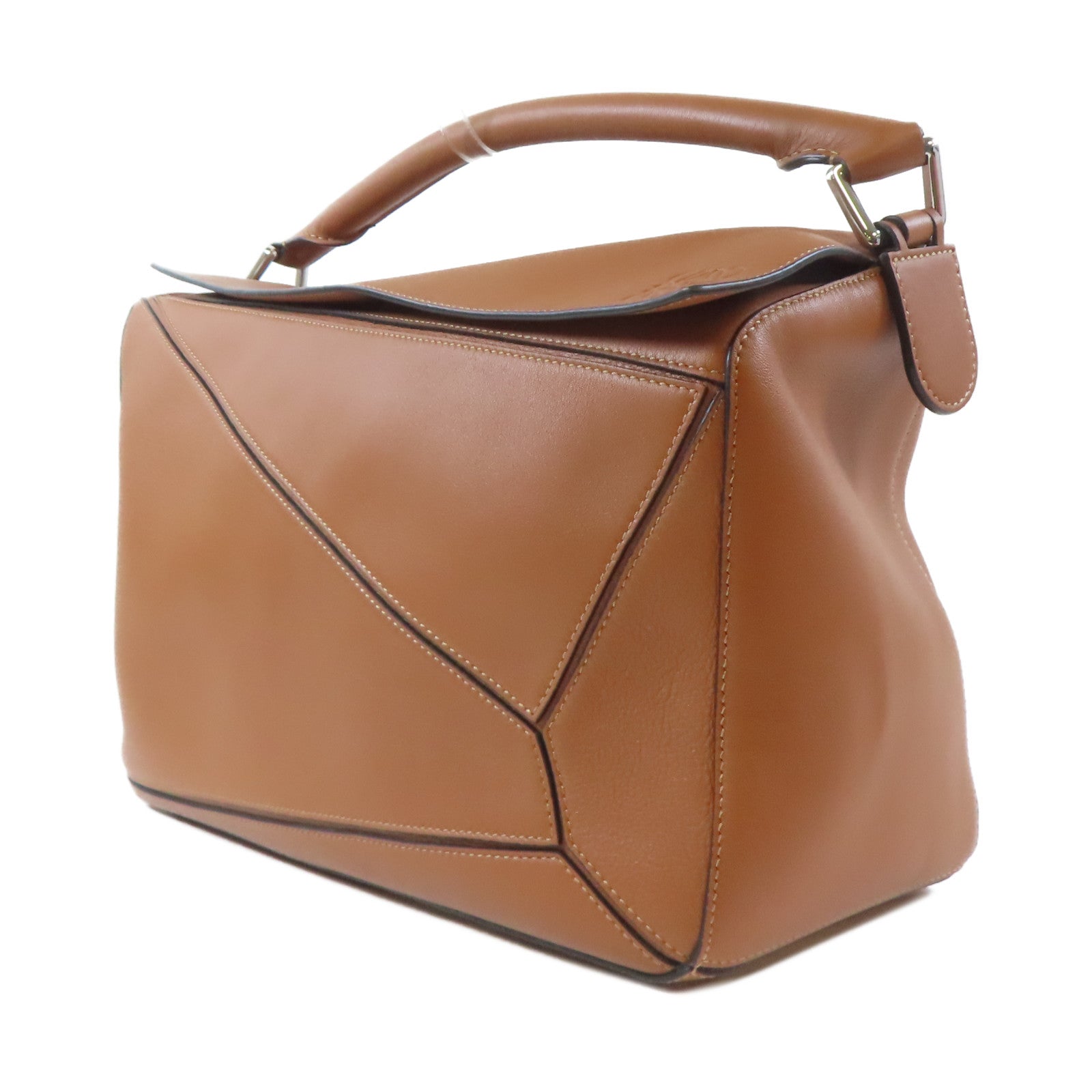 LOEWE 牛皮皮革Puzzle Large銀扣手挽肩背兩用袋啡色