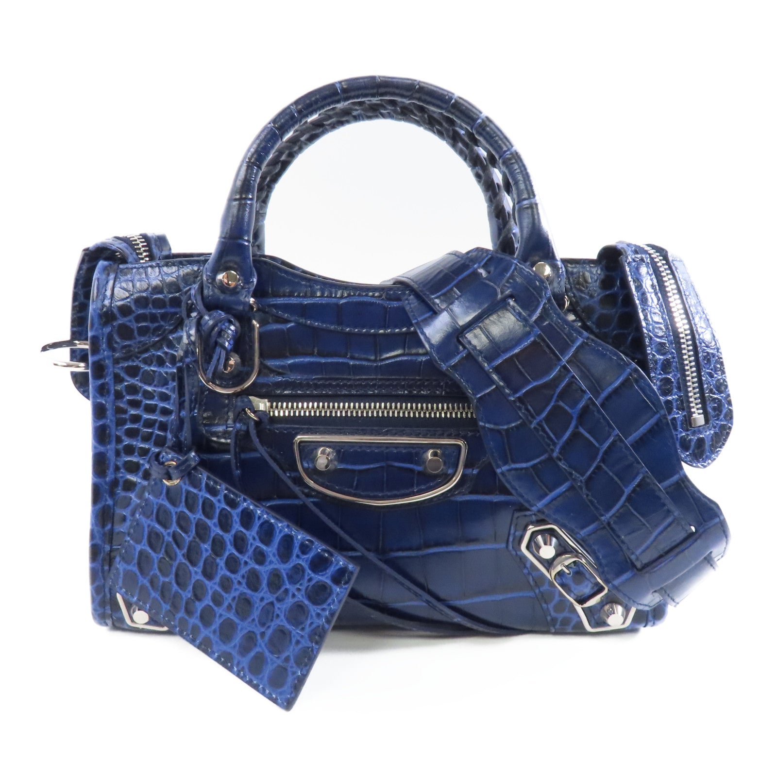 BALENCIAGA 牛皮皮革Mini City銀扣手挽肩背兩用袋藍色