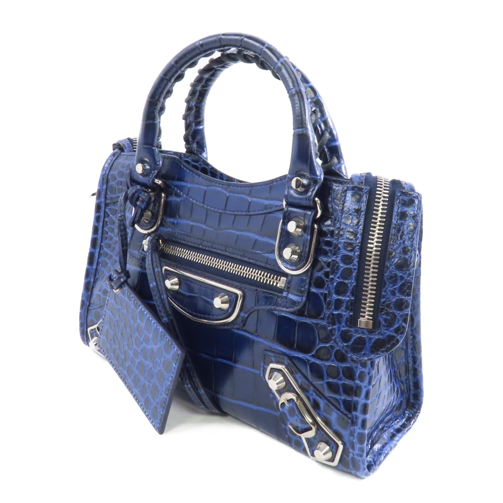 BALENCIAGA 牛皮皮革Mini City銀扣手挽肩背兩用袋藍色