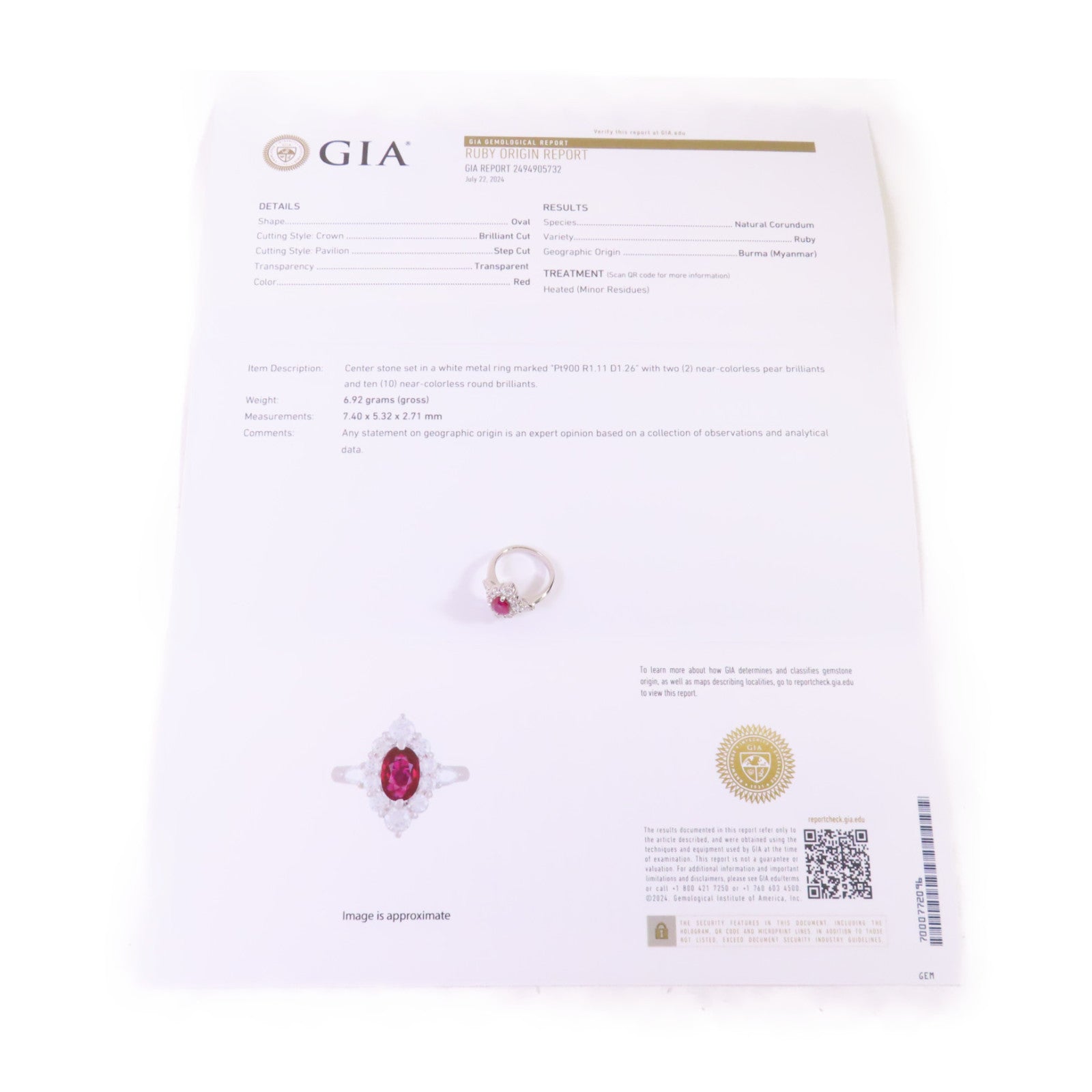 JEWELRY PT900鉑金/1.11ct紅寶石/1.26ct鑽石Ruby/Diamond Ring戒指US#5