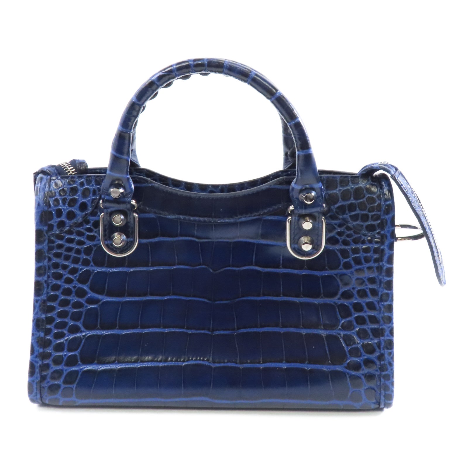 BALENCIAGA 牛皮皮革Mini City銀扣手挽肩背兩用袋藍色