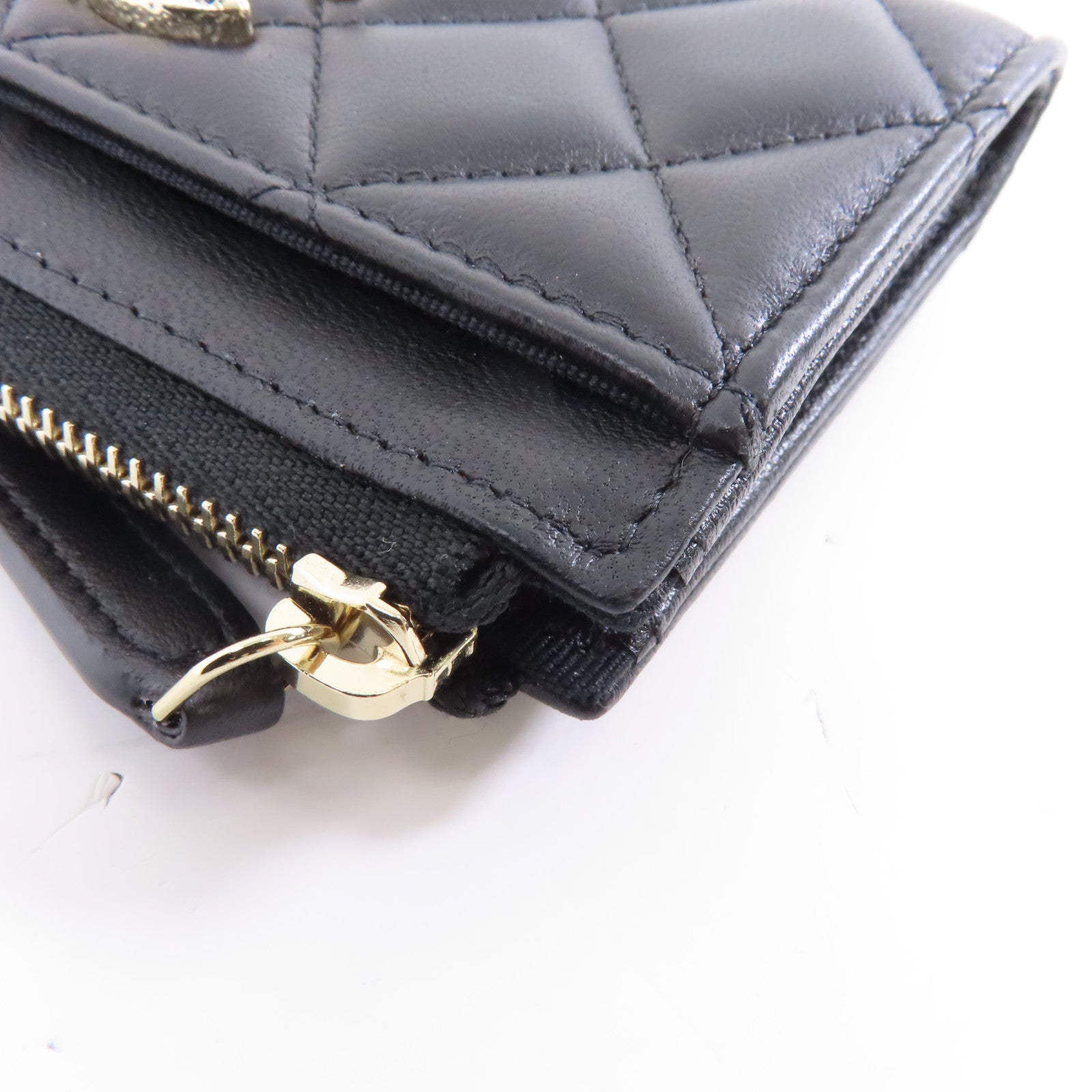 CHANEL 菱格羊皮皮革Card Case金扣卡片套黑色