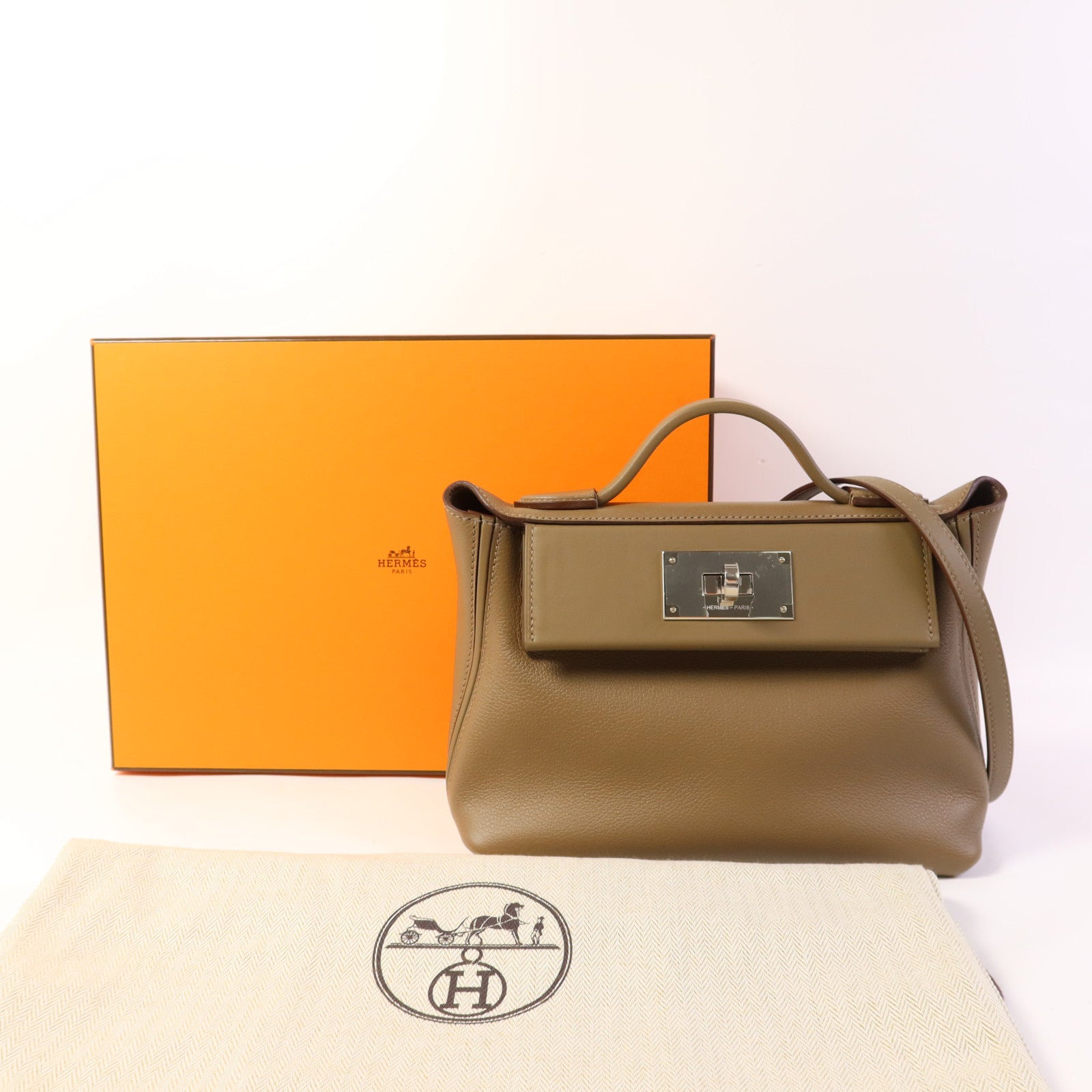 HERMES Evercolor/Swift皮革24/24 Mini銀扣手挽肩背兩用袋Etoupe