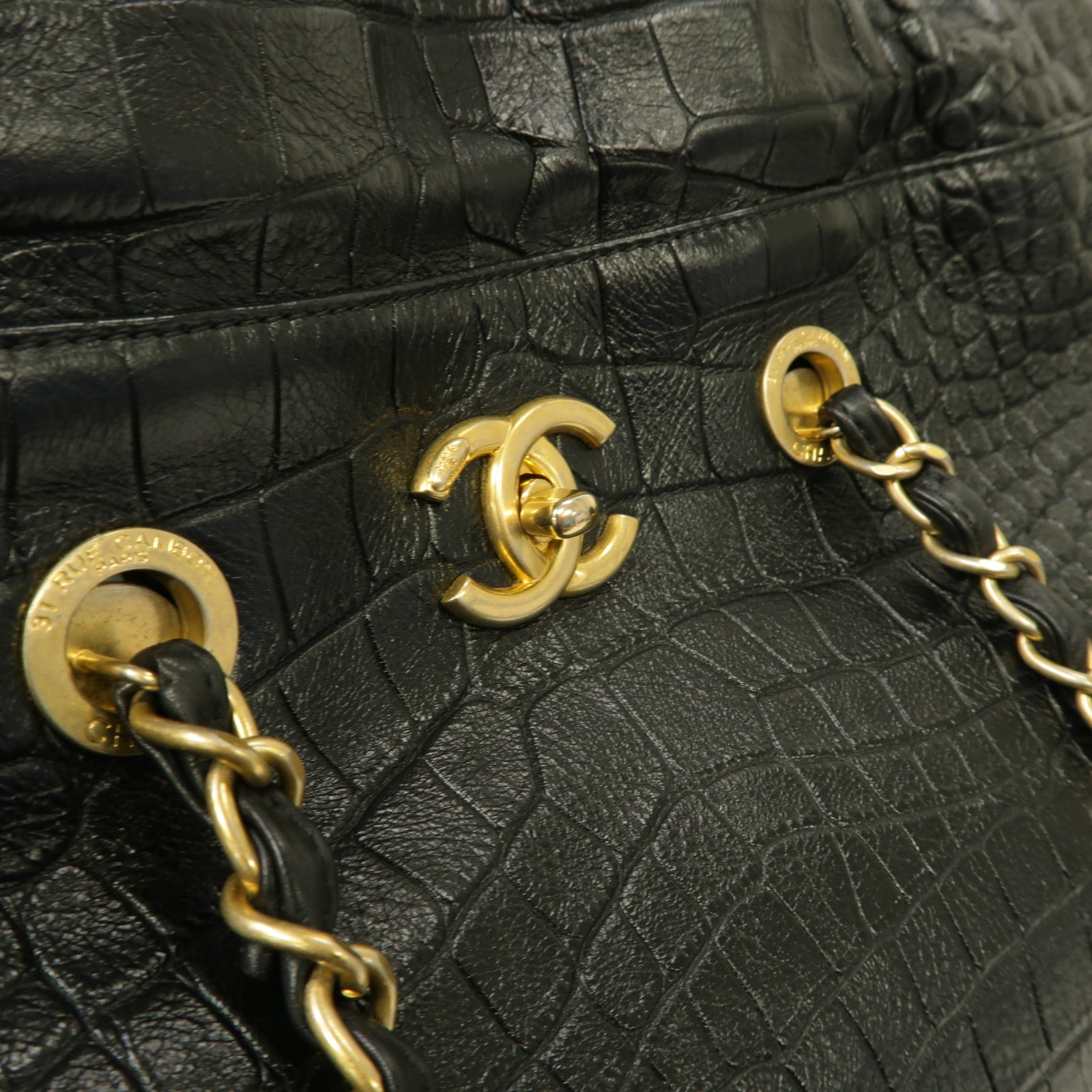 CHANEL 【激減優惠】牛皮皮革Chain Shoulder Shopping Bag金扣手挽肩背兩用袋黑色