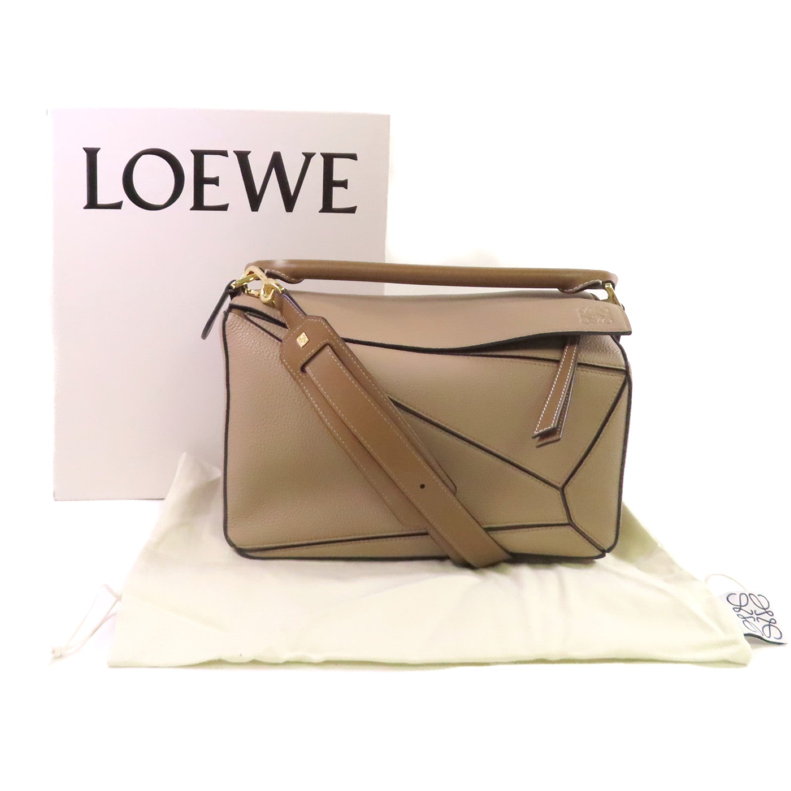 LOEWE 牛皮皮革Puzzle 2Way Shoulder Bag銀扣手挽肩背兩用袋杏色