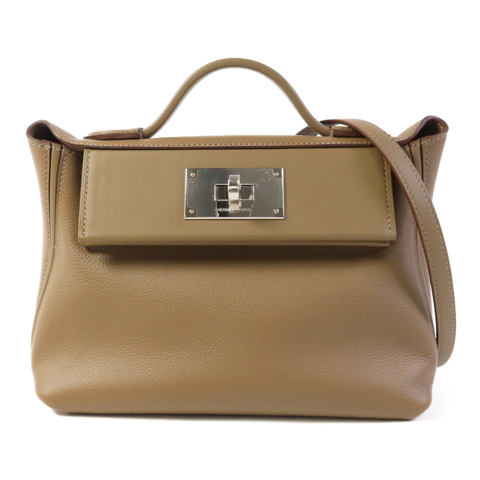 HERMES Evercolor/Swift皮革24/24 Mini銀扣手挽肩背兩用袋Etoupe