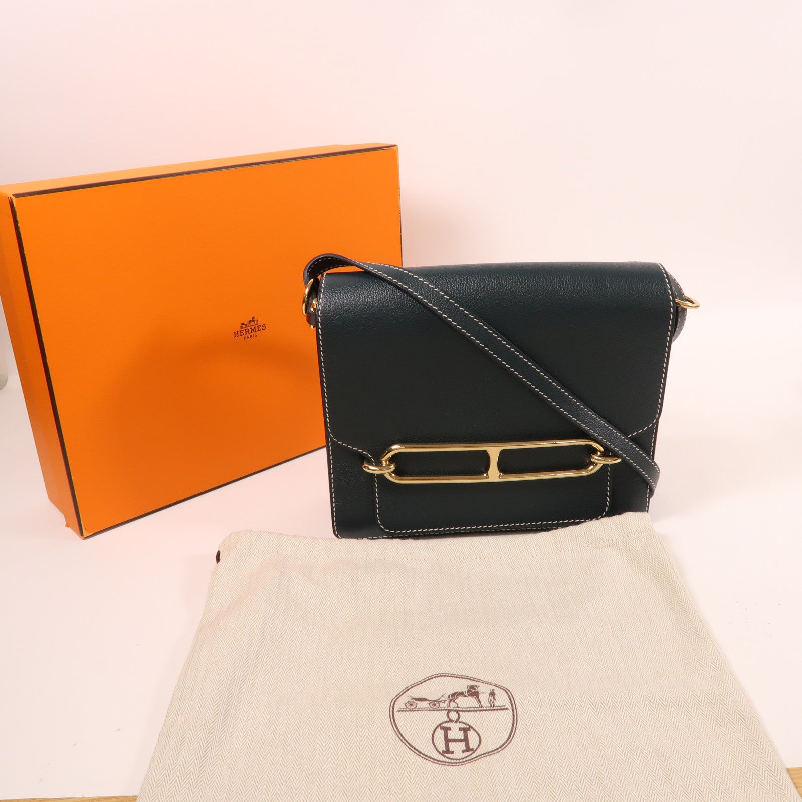 HERMES Evercolor皮革Roulis 23金扣肩背袋Vert Cypres