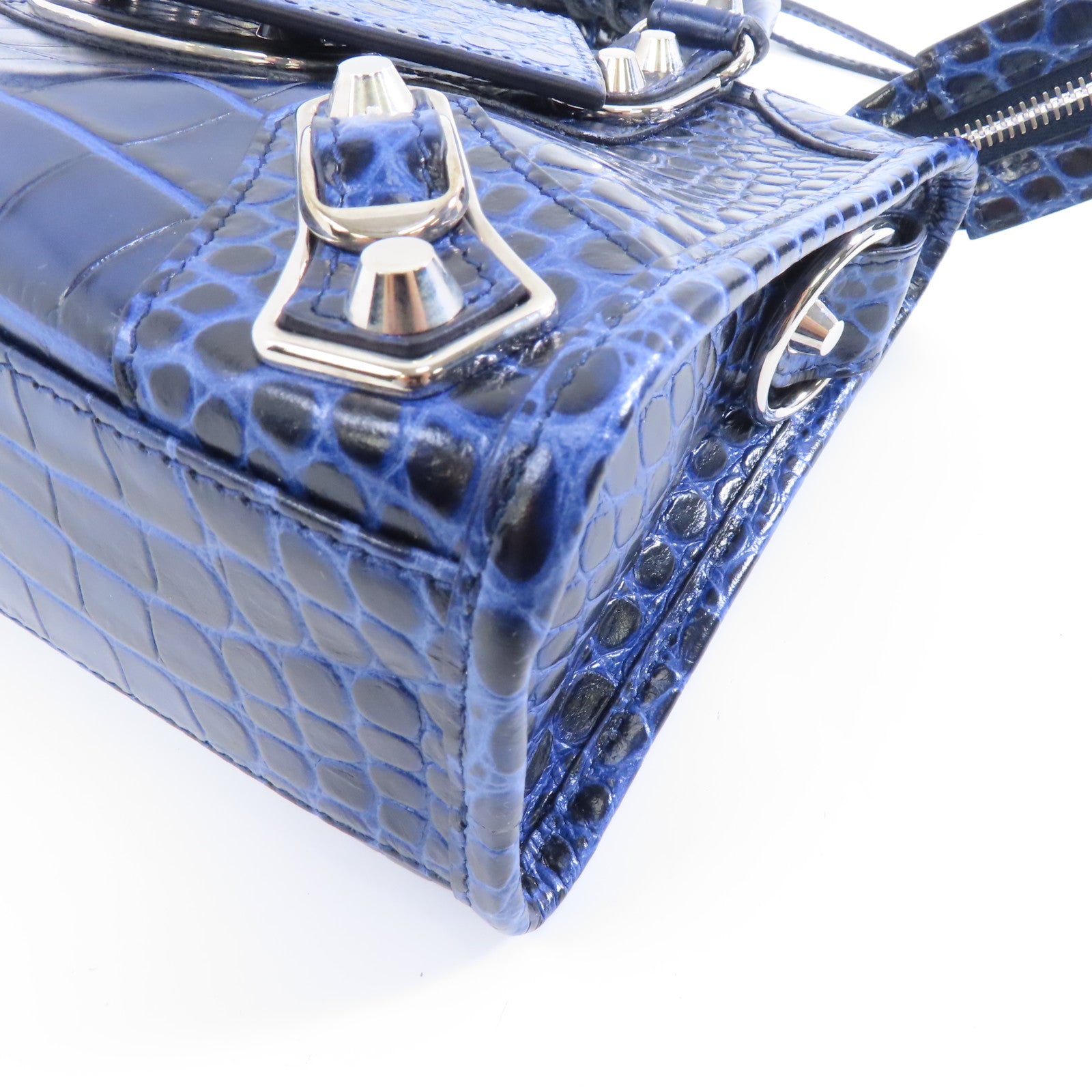 BALENCIAGA 牛皮皮革Mini City銀扣手挽肩背兩用袋藍色