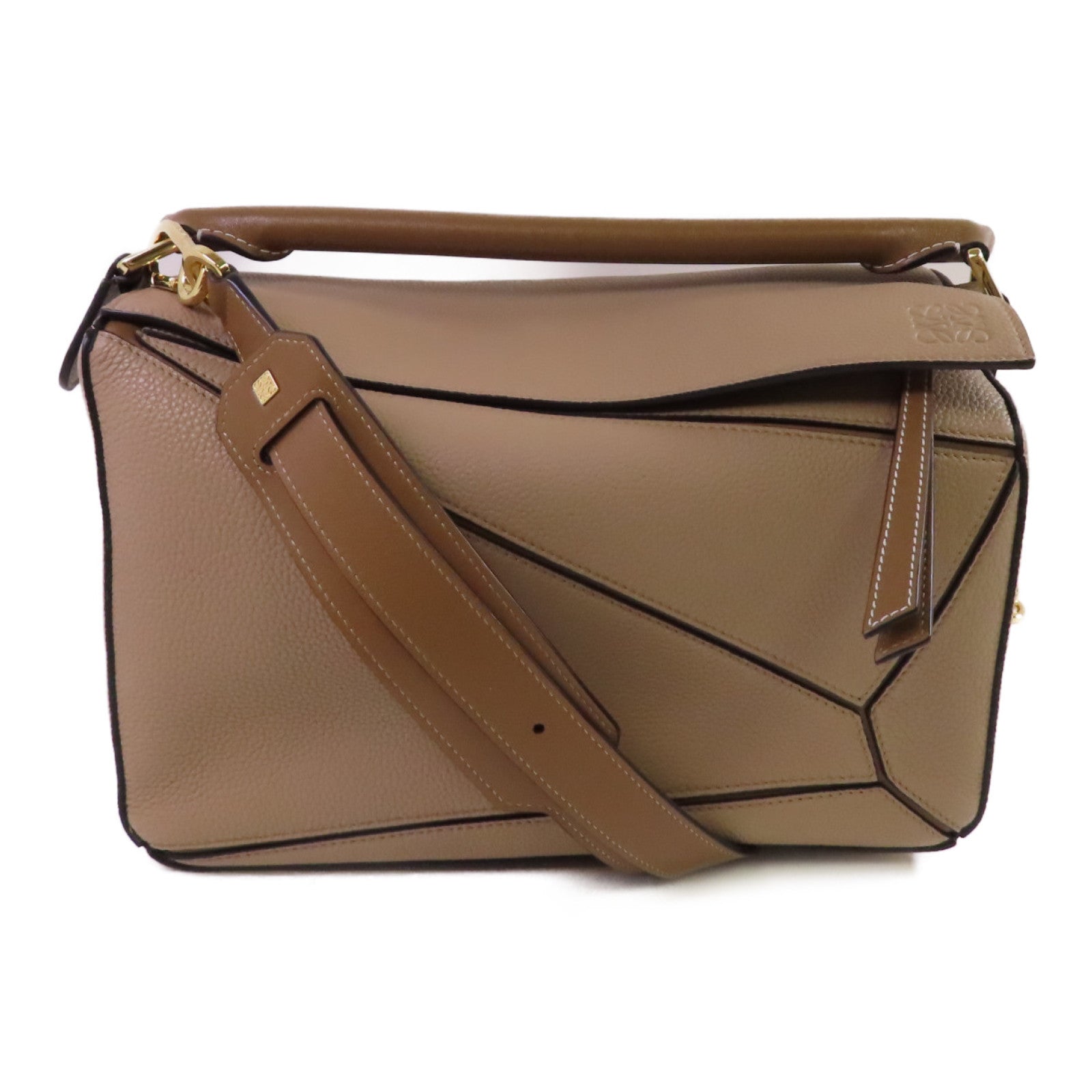 LOEWE 牛皮皮革Puzzle 2Way Shoulder Bag銀扣手挽肩背兩用袋杏色
