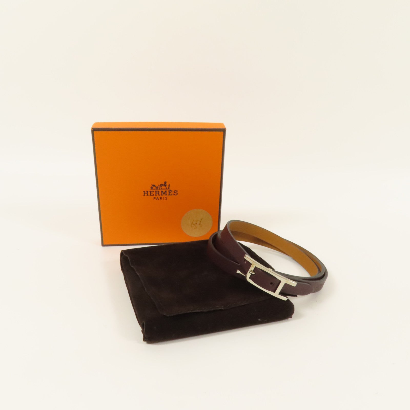 HERMES 【激減優惠】Swift皮革Behapi Double Tour Bracelet銀扣手帶Brown