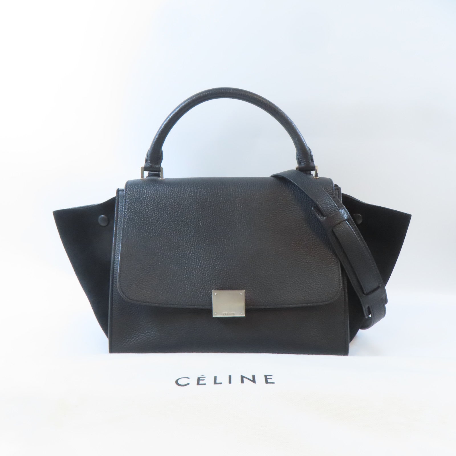 CELINE 牛皮皮革Trapeze Shoulder Bag銀扣肩背袋黑色