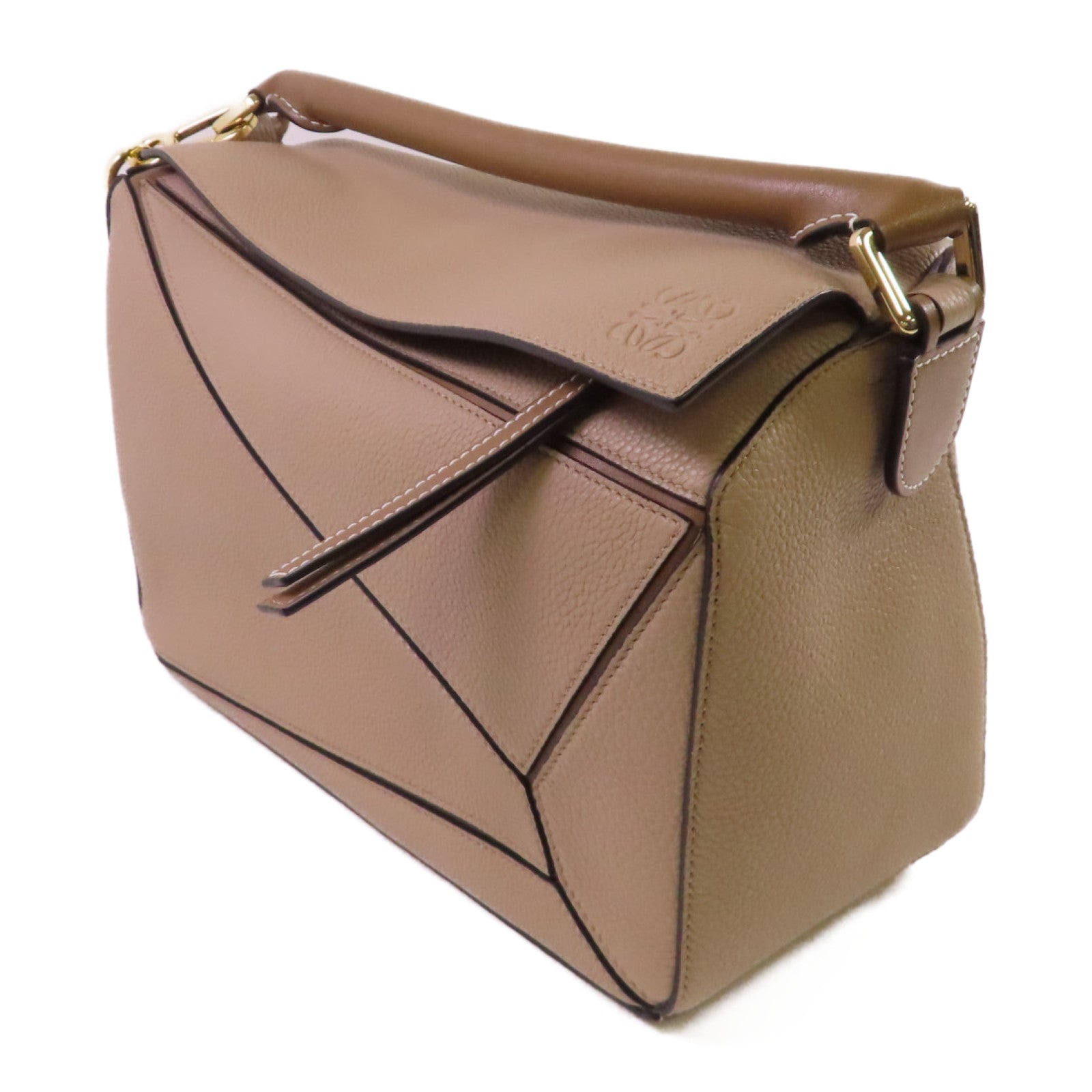 LOEWE 牛皮皮革Puzzle 2Way Shoulder Bag銀扣手挽肩背兩用袋杏色