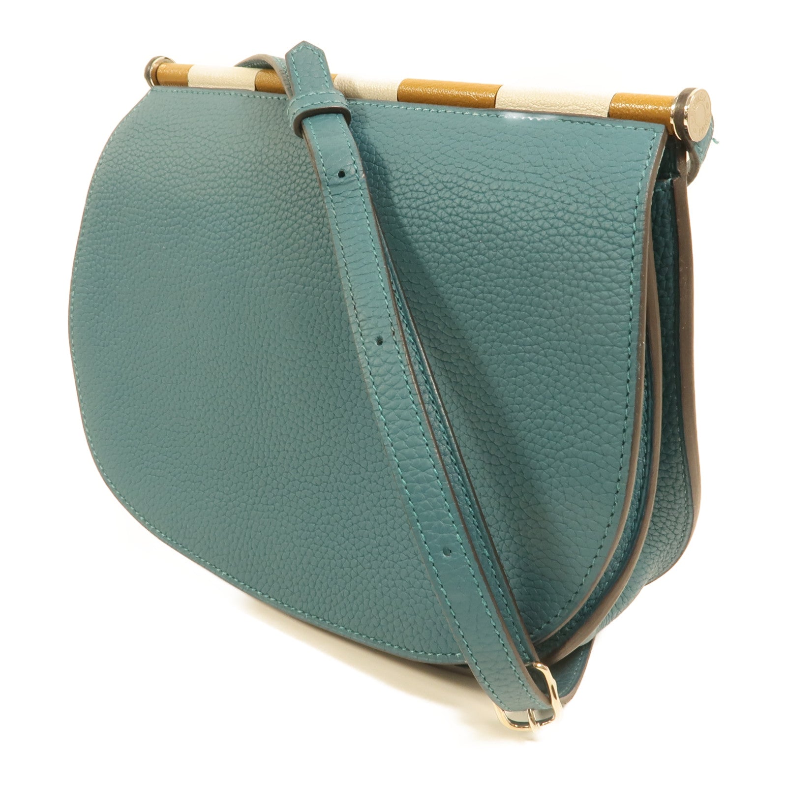 HERMES Clemence皮革Saut 25銀扣肩背袋Vert Bosphore