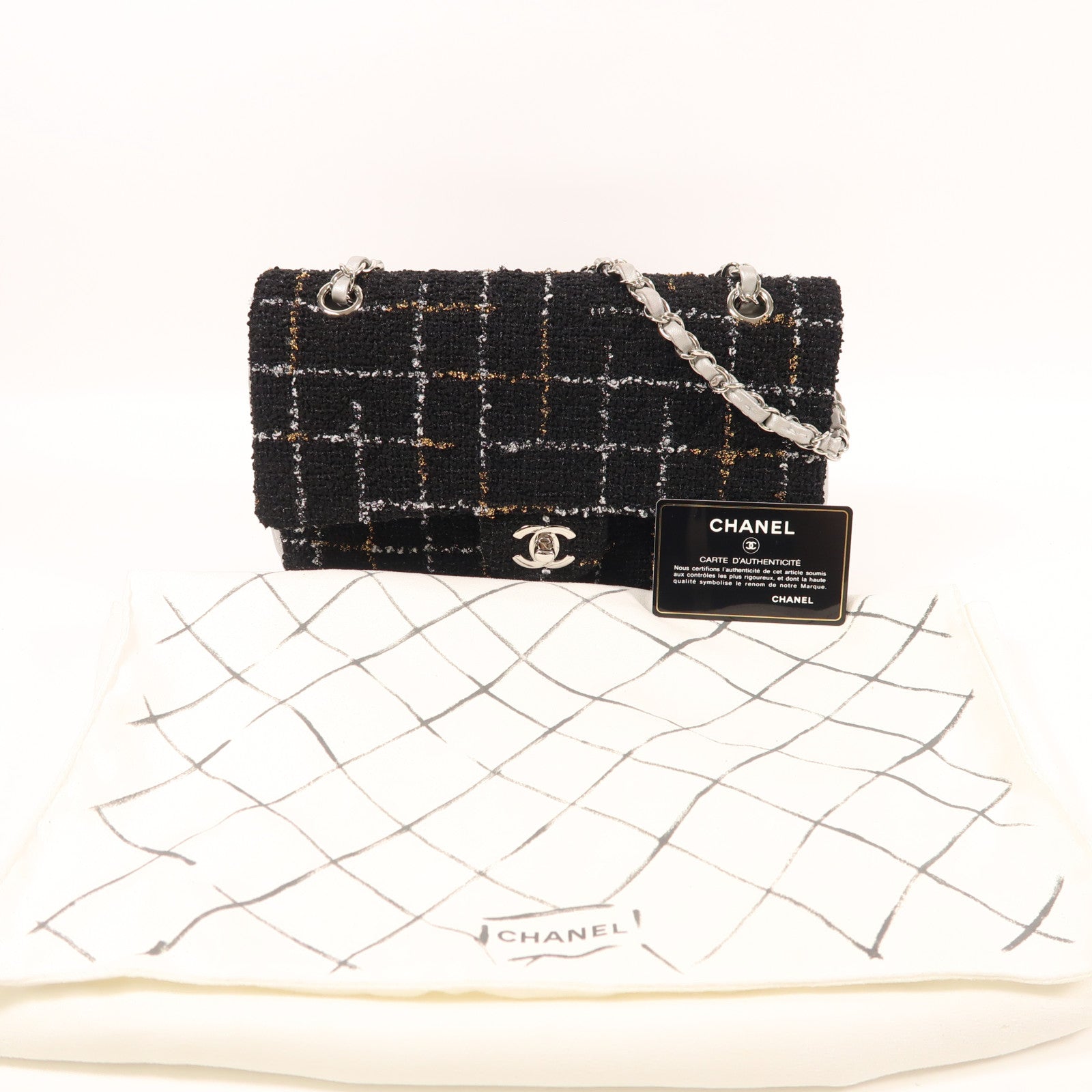 CHANEL Tweed/羊皮皮革Classic 25銀扣鏈帶肩背袋
