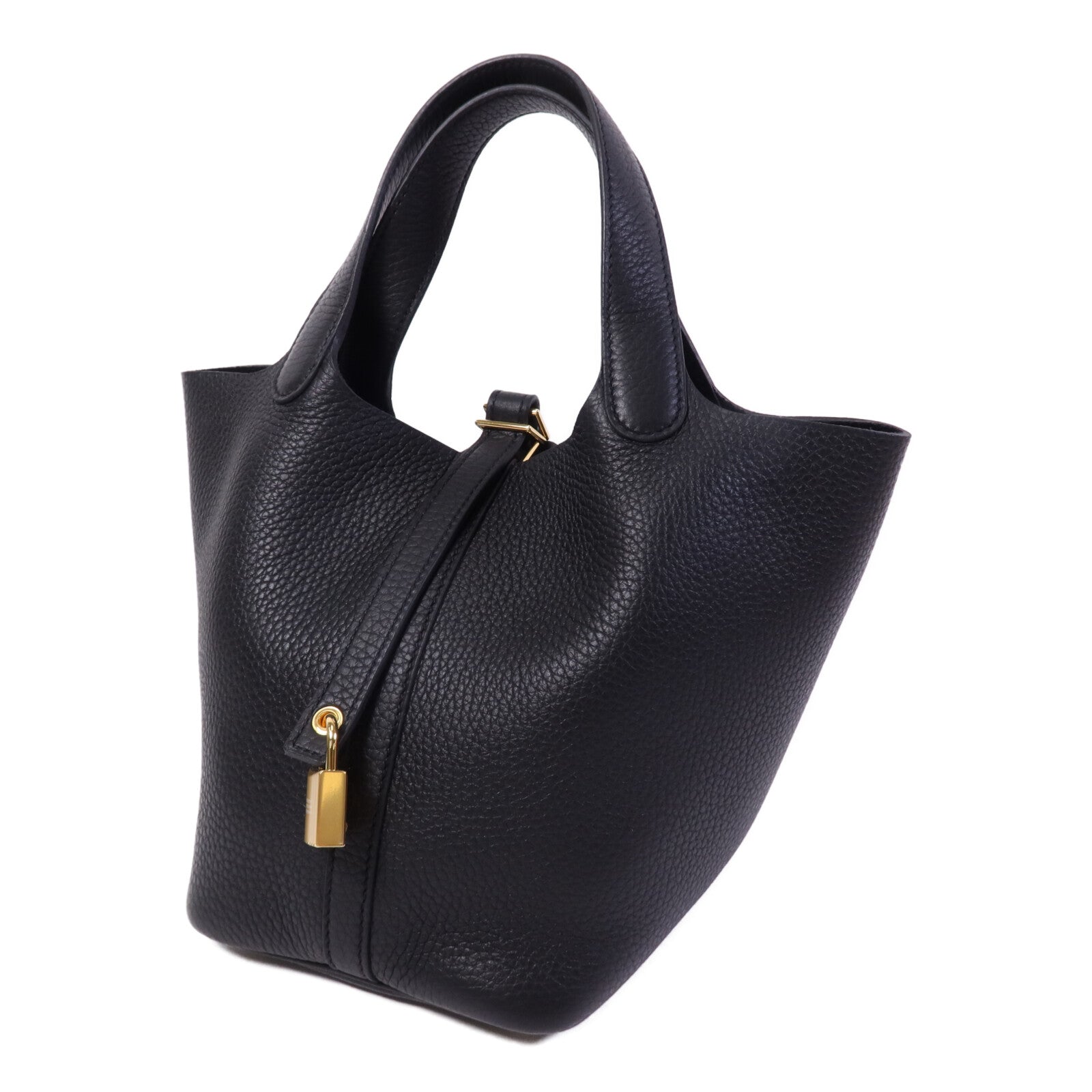 HERMES Clemence皮革Picotin PM金扣手挽袋Noir