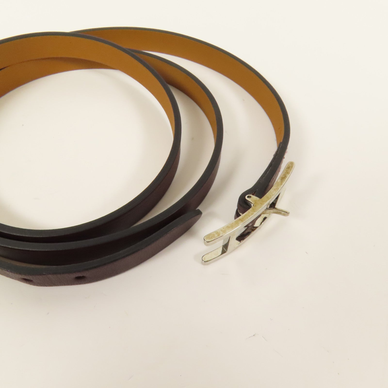 HERMES 【激減優惠】Swift皮革Behapi Double Tour Bracelet銀扣手帶Brown
