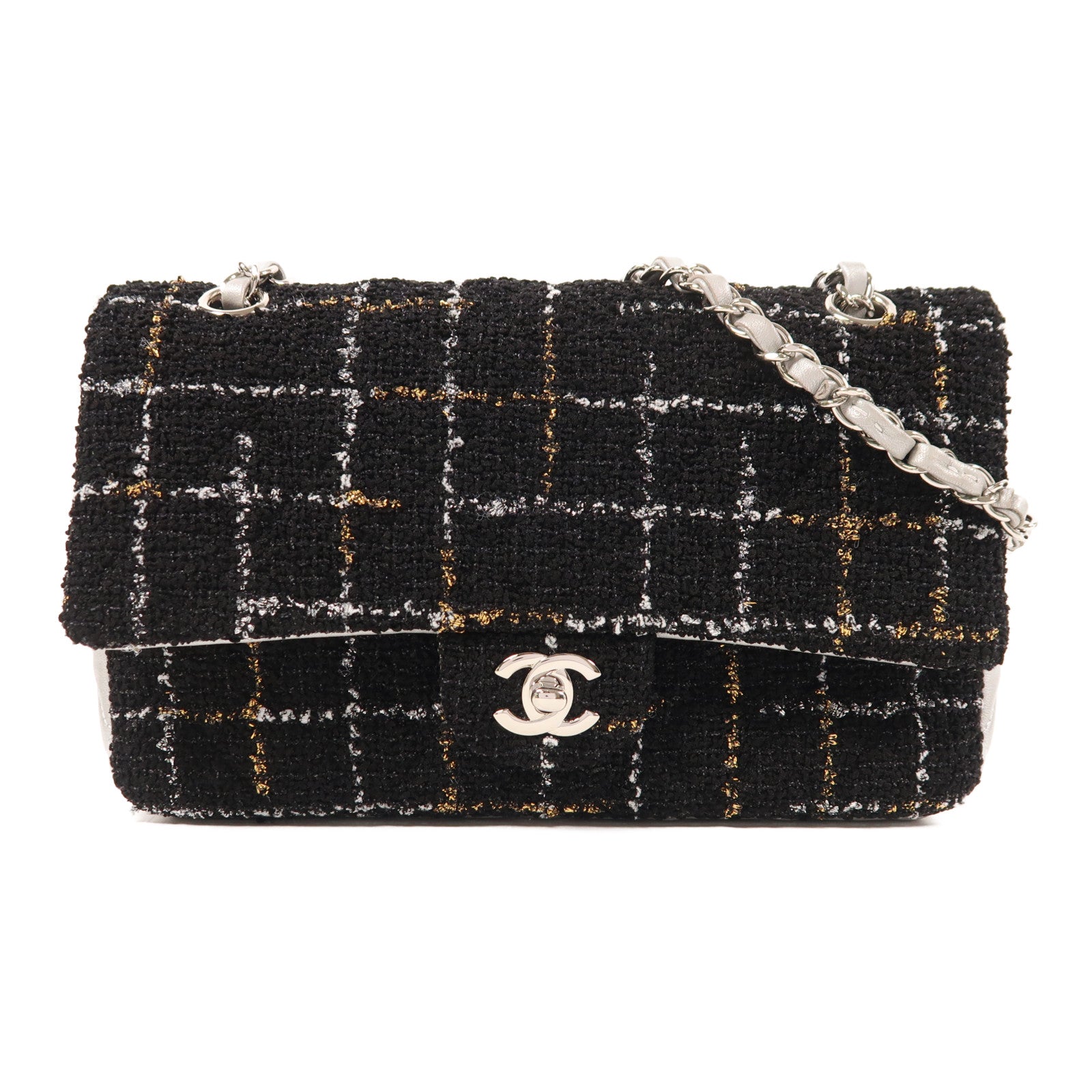 CHANEL Tweed/羊皮皮革Classic 25銀扣鏈帶肩背袋