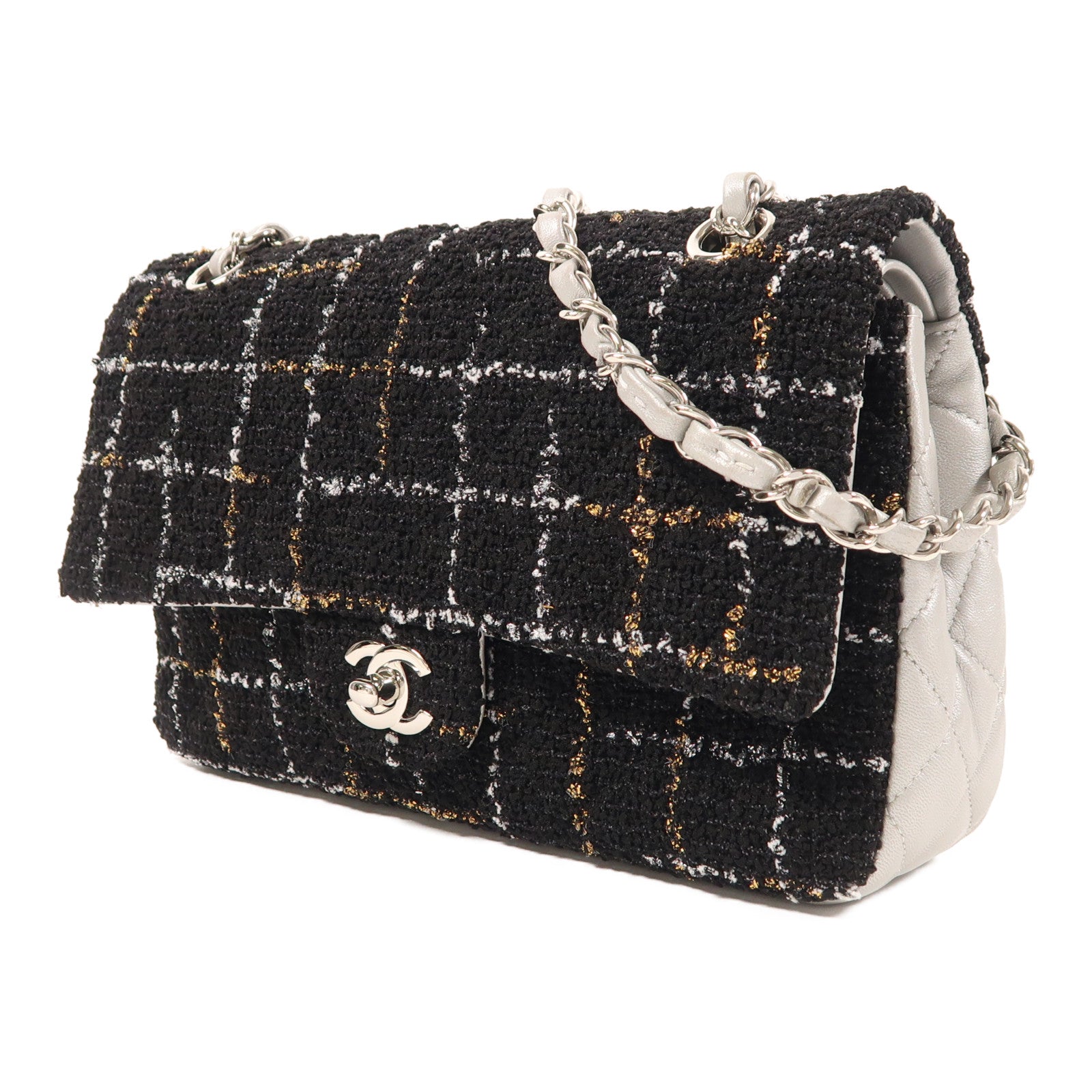 CHANEL Tweed/羊皮皮革Classic 25銀扣鏈帶肩背袋