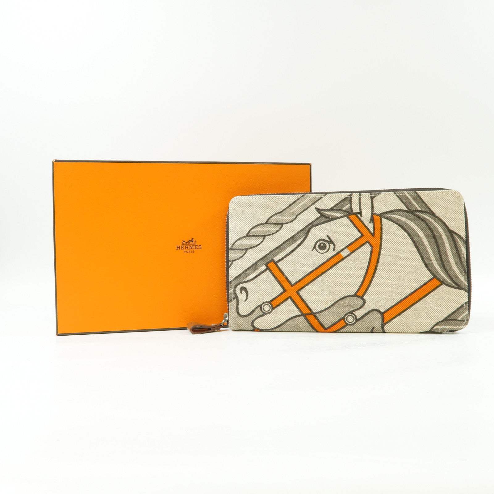 HERMES 帆布/Barenia皮革Quadrige Azap GM銀扣長錢包米色/灰色/橙色